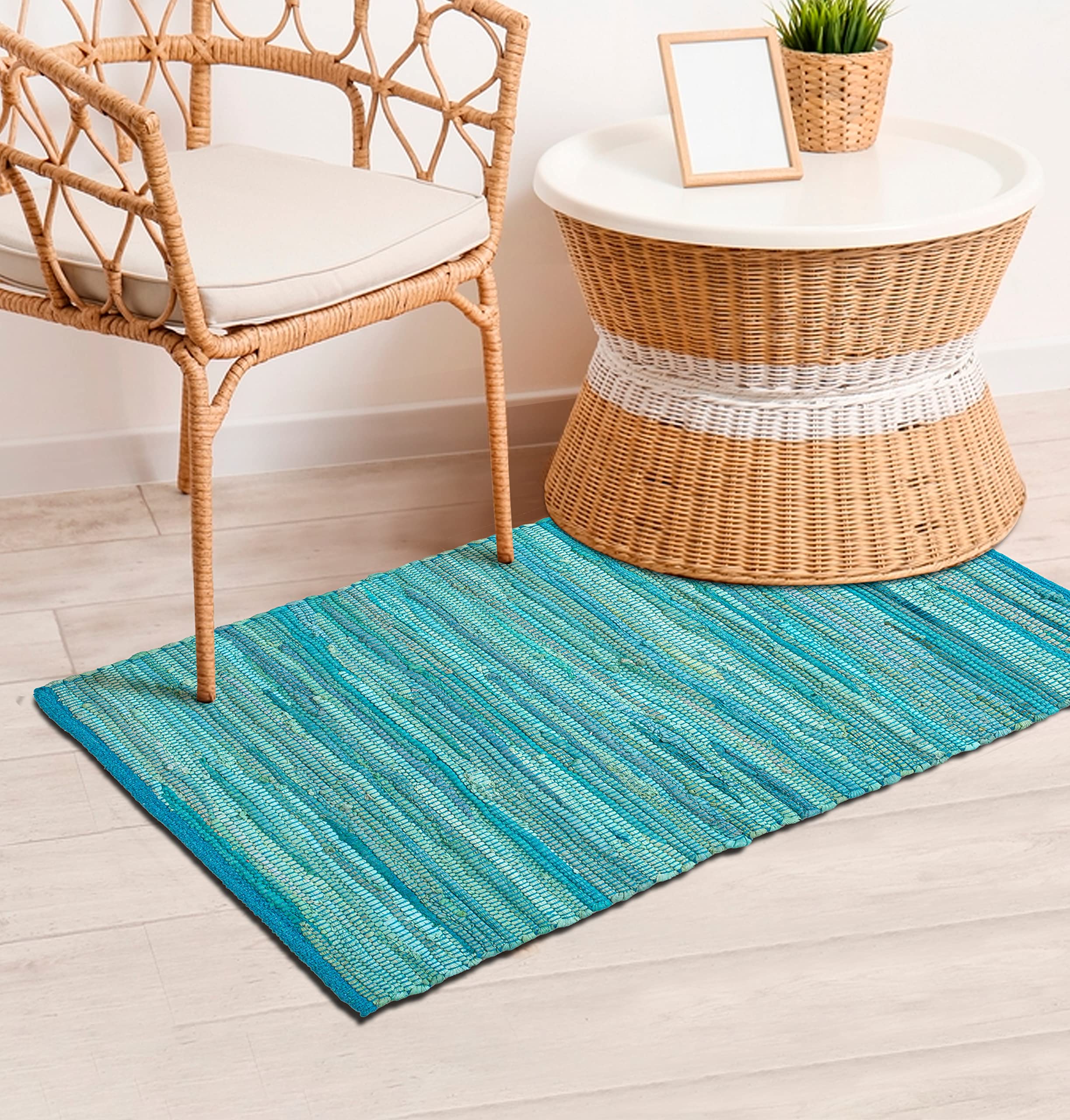 Handwoven 2x3 Feet Multicolor Chindi Cotton Rag Rug - Reversible Boho Farmhouse Rug for Living Room, Kitchen, Entryway & Bedroom - Teal, Blue, Red Kitchen Mats & Woven Floor Coverings - Eco-Friendly Home Decor for Cozy Spaces