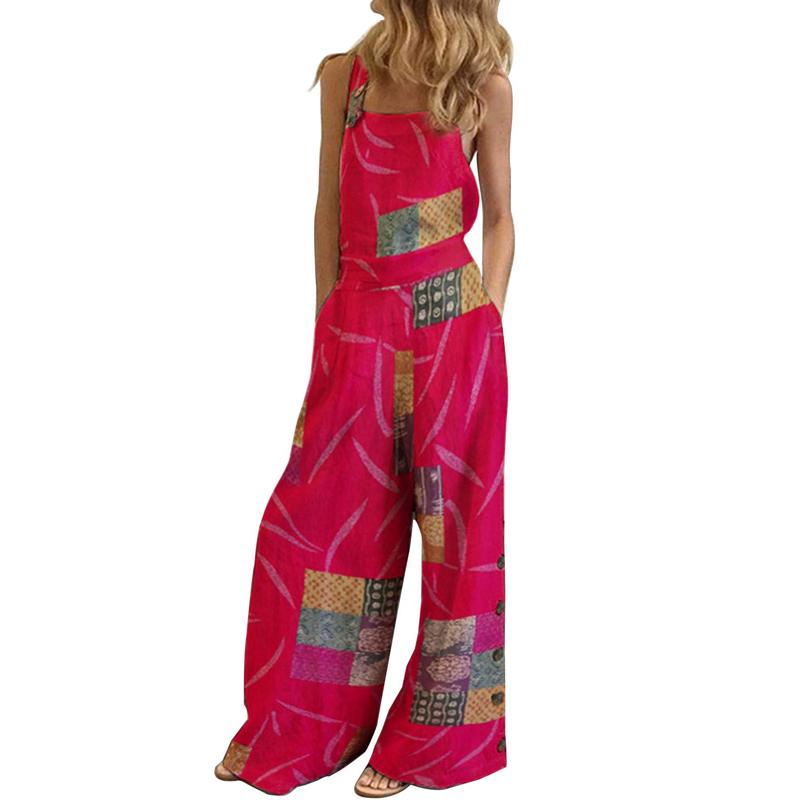 Wocachi Women's Floral Print Sleeveless Wide Leg Jumpsuit - 2022 Casual Romper Overalls for Summer Outfits & Beach Vacations
