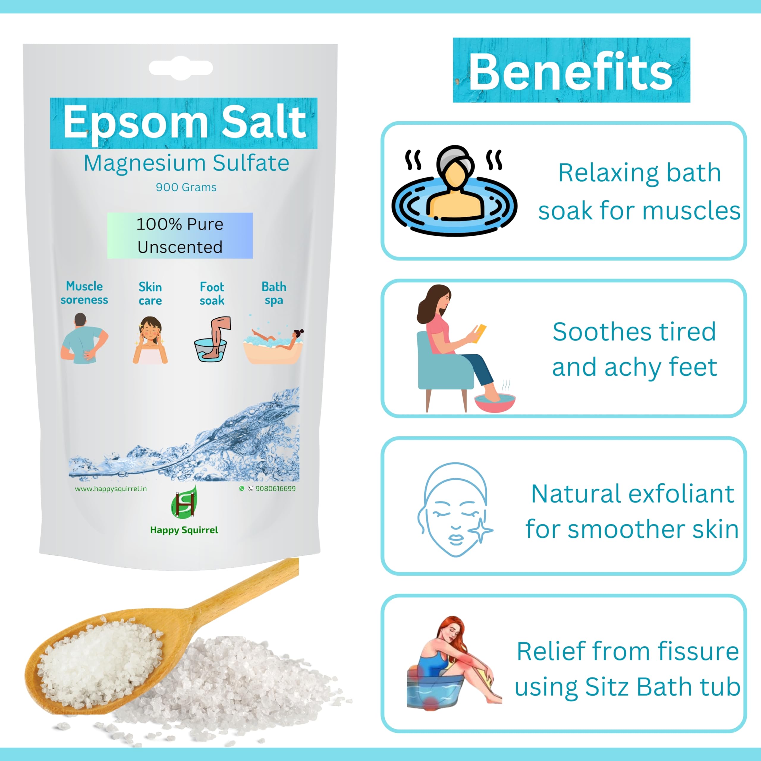 Happy Squirrel Epsom Salt for Foot Soak & Pain Relief | 100% Pure Magnesium Sulfate (900g) | Unscented Muscle Relaxation Bath Salt | Perfect for Post-Workout Recovery, Stress Relief & Spa Treatments