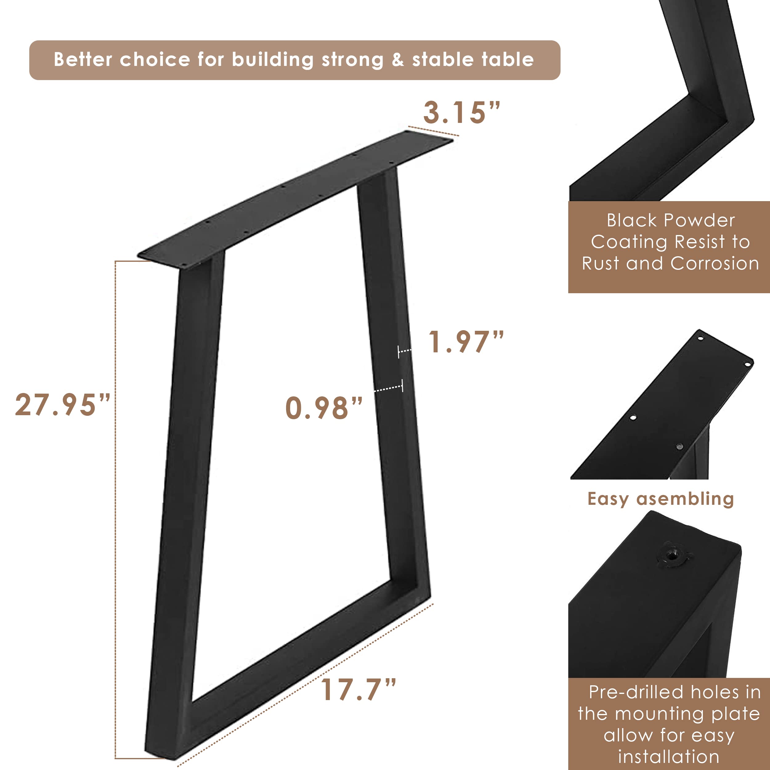 Heavy Duty Black Metal Table Legs 28x17.7 Inch - Industrial Style Coffee Table Legs, End Table Supports for Living Room, Office & Modern Furniture DIY Projects
