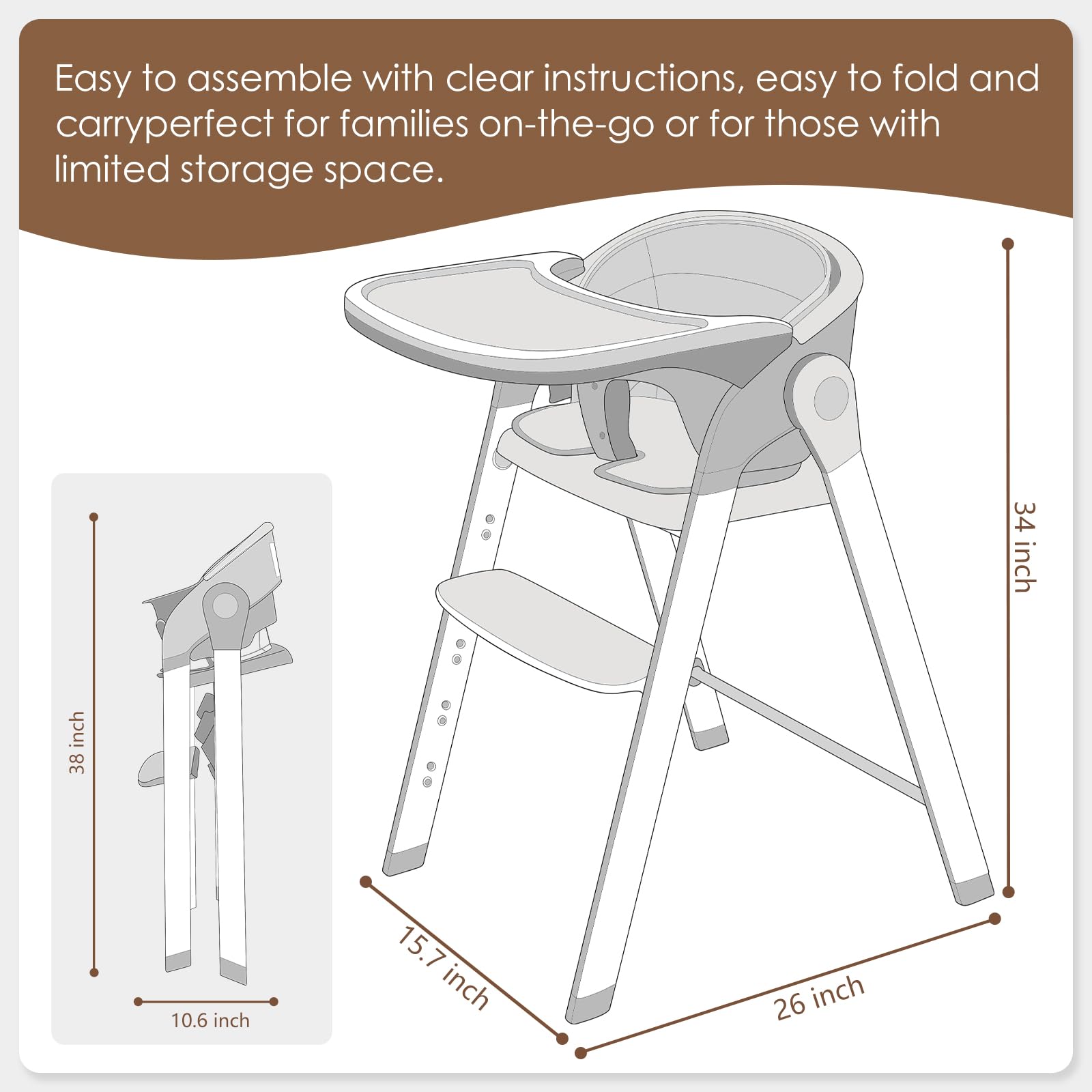 5-in-1 Convertible Baby High Chair with Removable Tray - Adjustable Toddler Feeding Seat for 6 Months to 240 lbs - Easy Clean Gray Cushion - Portable for Home, Restaurant & Travel Use