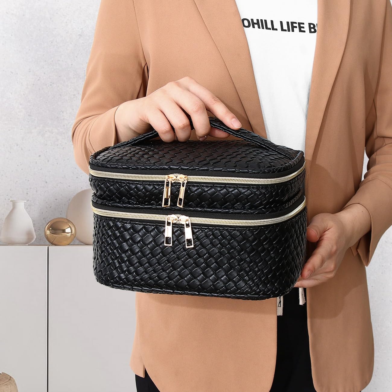 Waterproof Double Layer Travel Makeup Bag for Women with Jewelry Organizer - Large Portable Cosmetic & Toiletry Storage Box (Black) - Perfect for Vacation, Business Trips & Daily Organization
