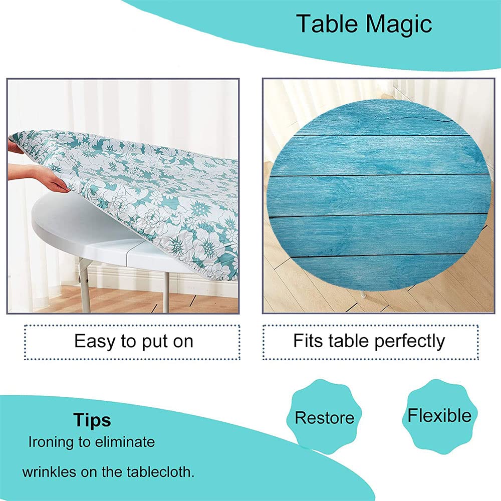 Wood Plank Round Tablecloth - Elastic Edge Waterproof Wipeable Vinyl Table Cover with Wood Texture Print - Fits 52 Inch Dining Table - Perfect for Buffet Parties, Camping & Outdoor Picnics