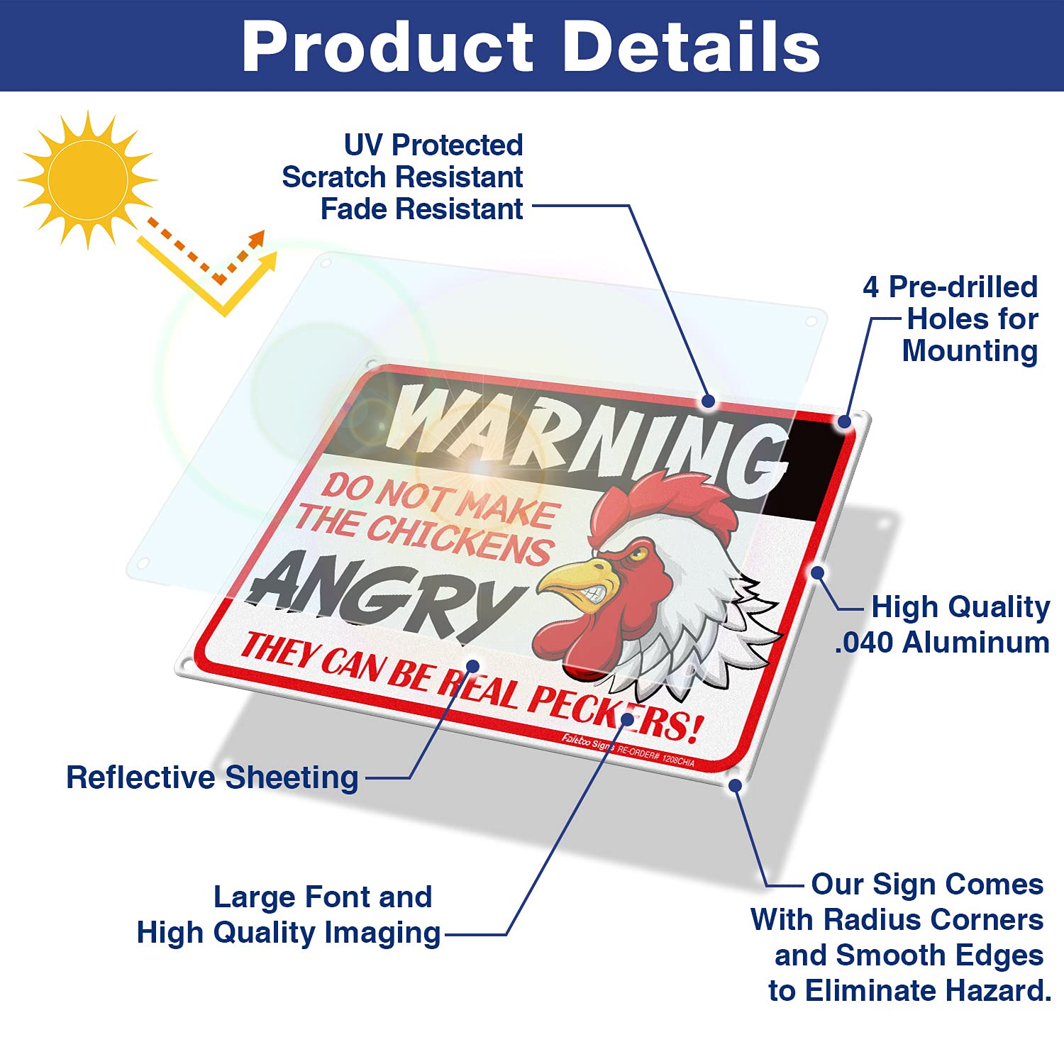 8x12 Inch Chicken Warning Sign - Rust-Free Reflective Aluminum - Weatherproof & Fade Resistant - Easy Mounting for Indoor/Outdoor Use - Perfect for Farms, Coops & Backyard Poultry Areas