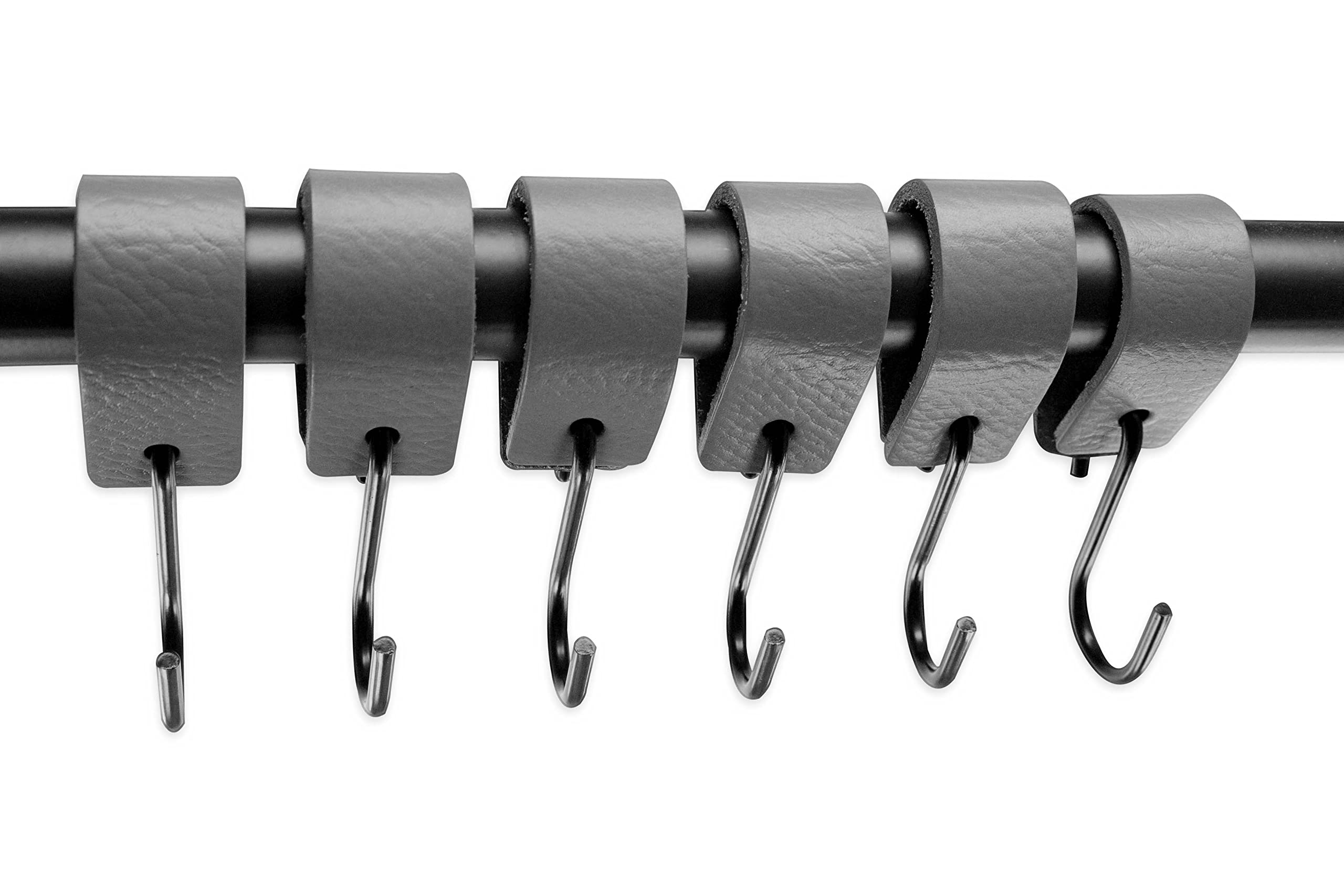 Brute Strength Multifunctional Leather S-Hooks - 12 Pack, Gray & Black - Heavy Duty Coat Hooks, Kitchen Hooks & Organizers for Home, Garage, RV & Outdoor Use