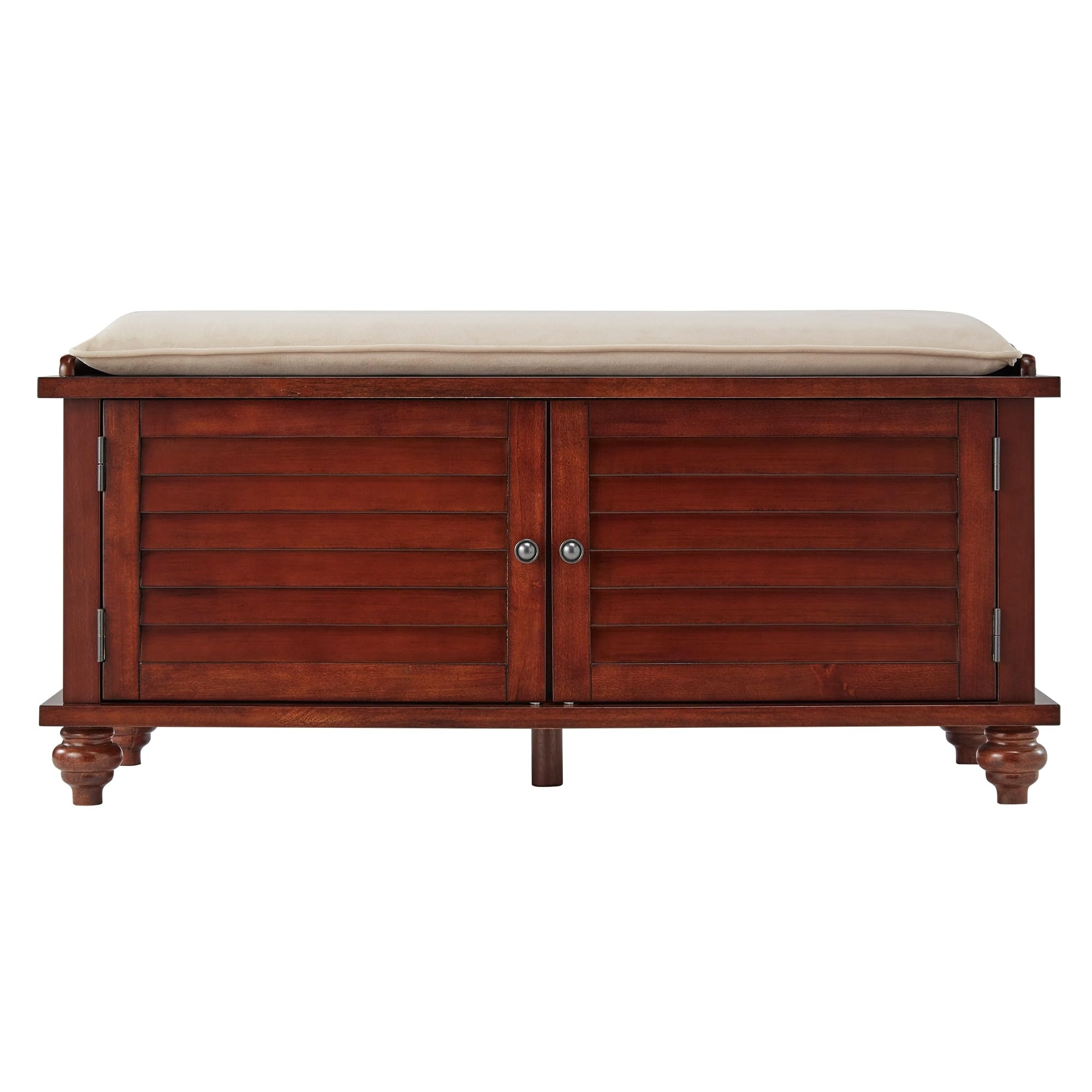**Inspire Q Maybelle Velvet Cushion Shutter Door Storage Bench - Classic Espresso Finish, Transitional & Farmhouse Style - Perfect for Entryway, Living Room, or Bedroom Storage**