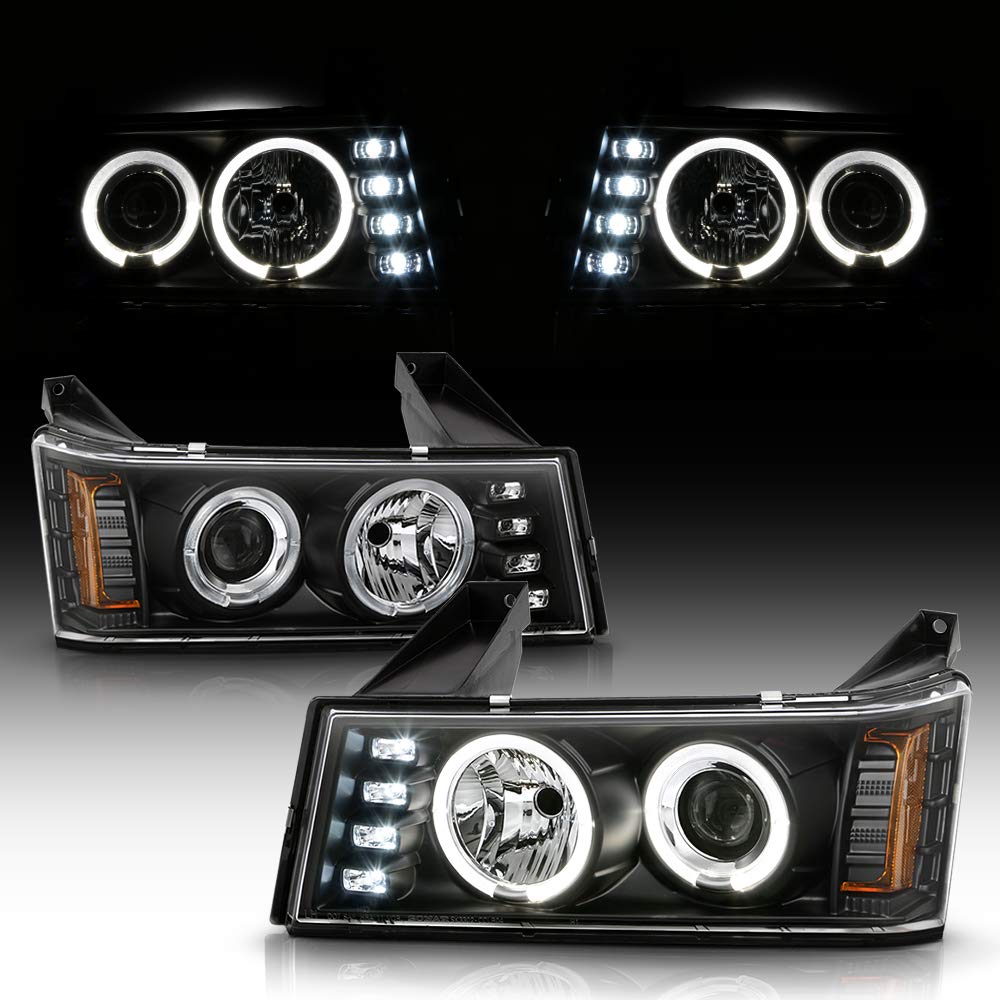 ACANII LED DRL Dual Halo Black Housing Projector Headlights Assembly for 2004-2012 Chevy Colorado & GMC Canyon - Upgrade Your Truck's Style & Night Visibility (Perfect for Off-Roading, Night Driving & Custom Car Shows)