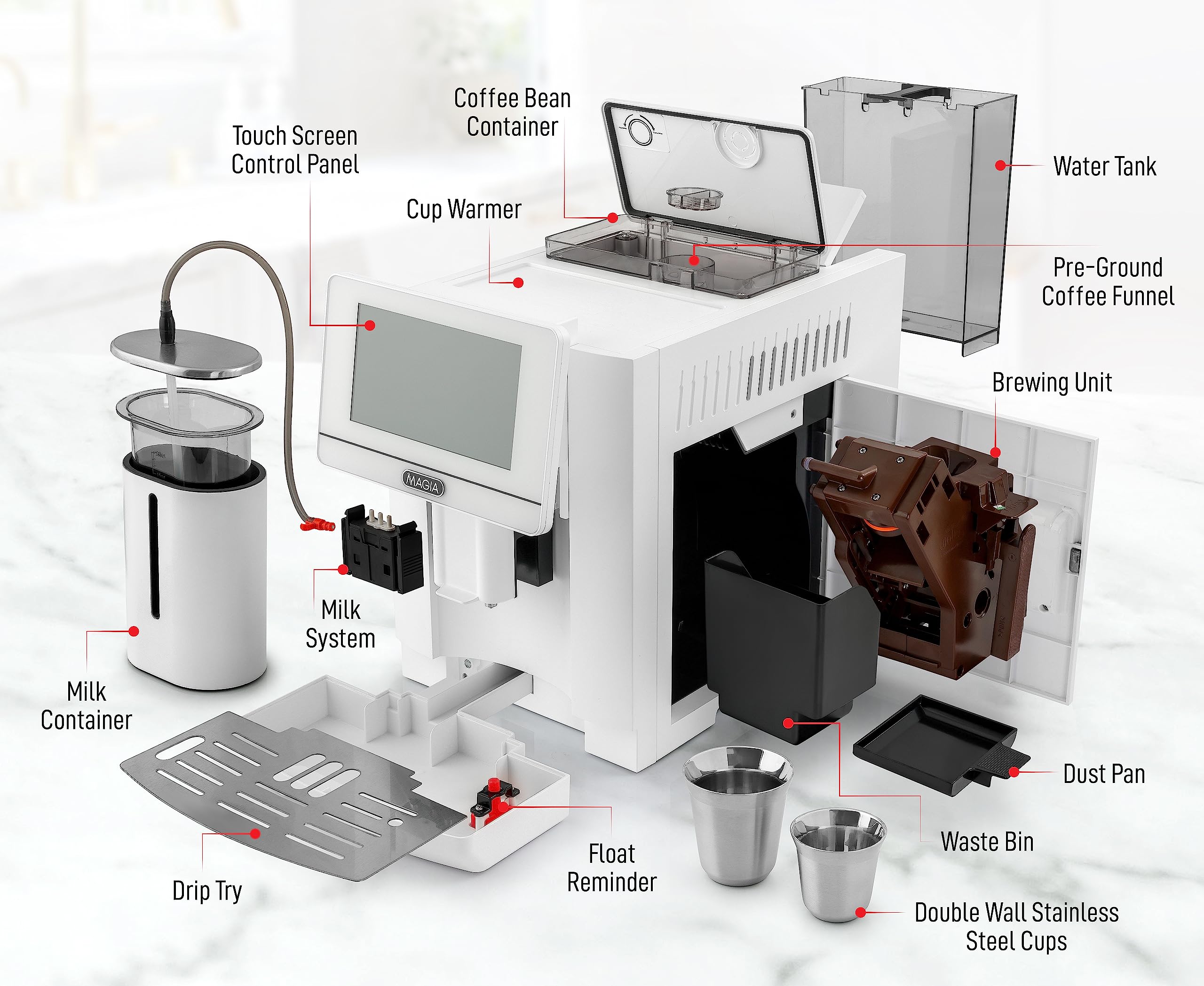Zulay Magia Fully Automatic Espresso Machine with Built-in Grinder - 19 Customizable Coffee Options - Includes Insulated Milk Frother & Premium Espresso Cups - Self-Cleaning System for Easy Maintenance - Original White - Perfect for Home Baristas & Office Coffee Stations