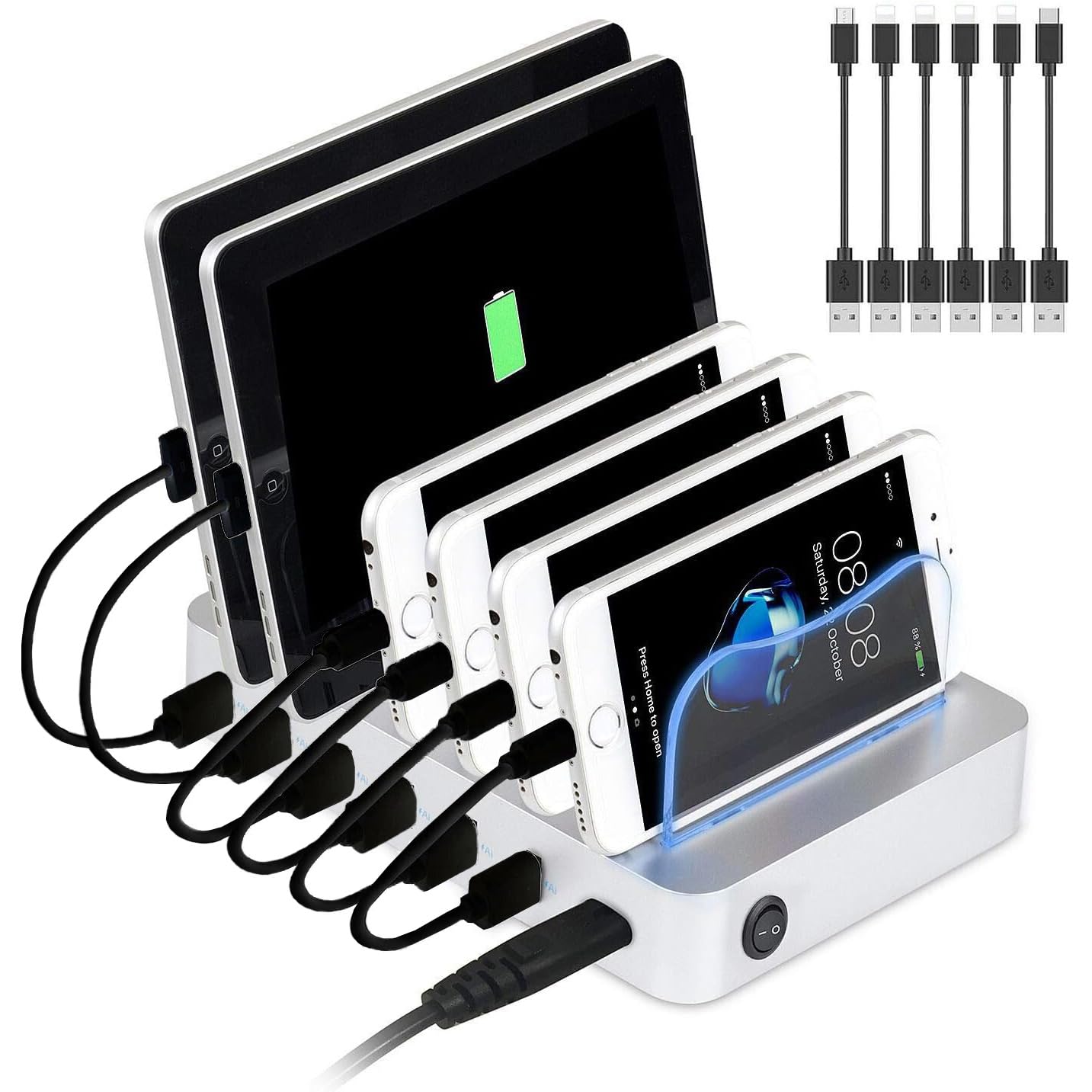 Pritek 6-Port USB Charging Station Dock & Organizer - Multi-Device Charger for iPhone, Android, Tablet & Smart Devices with 6 Cables & LED Indicators (Silver) | Perfect for Home, Office & Travel Use