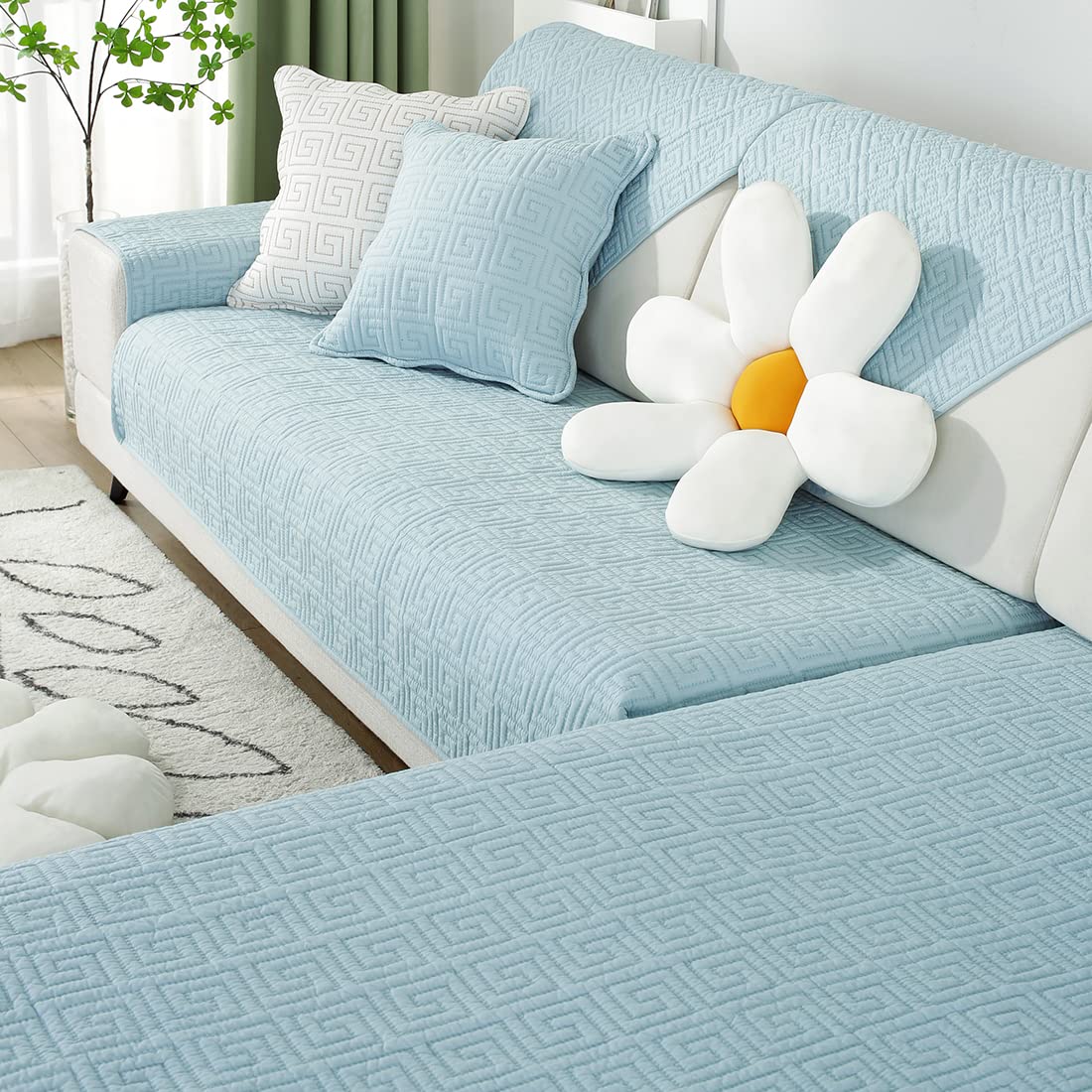 VCTOPS Geometric Embroidery Cotton Sofa Cover - Non-Slip Quilted Sectional Couch Protector - Farmhouse Style Solid Color Slipcover for Pets & Kids (Blue, 43x70 Inches) - Perfect for Living Room Furniture Protection Against Pet Hair, Spills and Everyday Wear