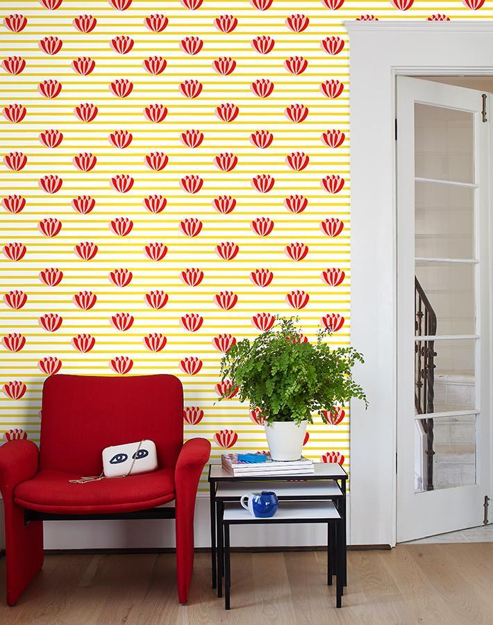 Clare V. 'Lotus Stripe' Wallpaper - Floral Peel & Stick Wallpaper for Bedroom, Living Room | Marigold Pattern Removable Wallpaper for Home Decor