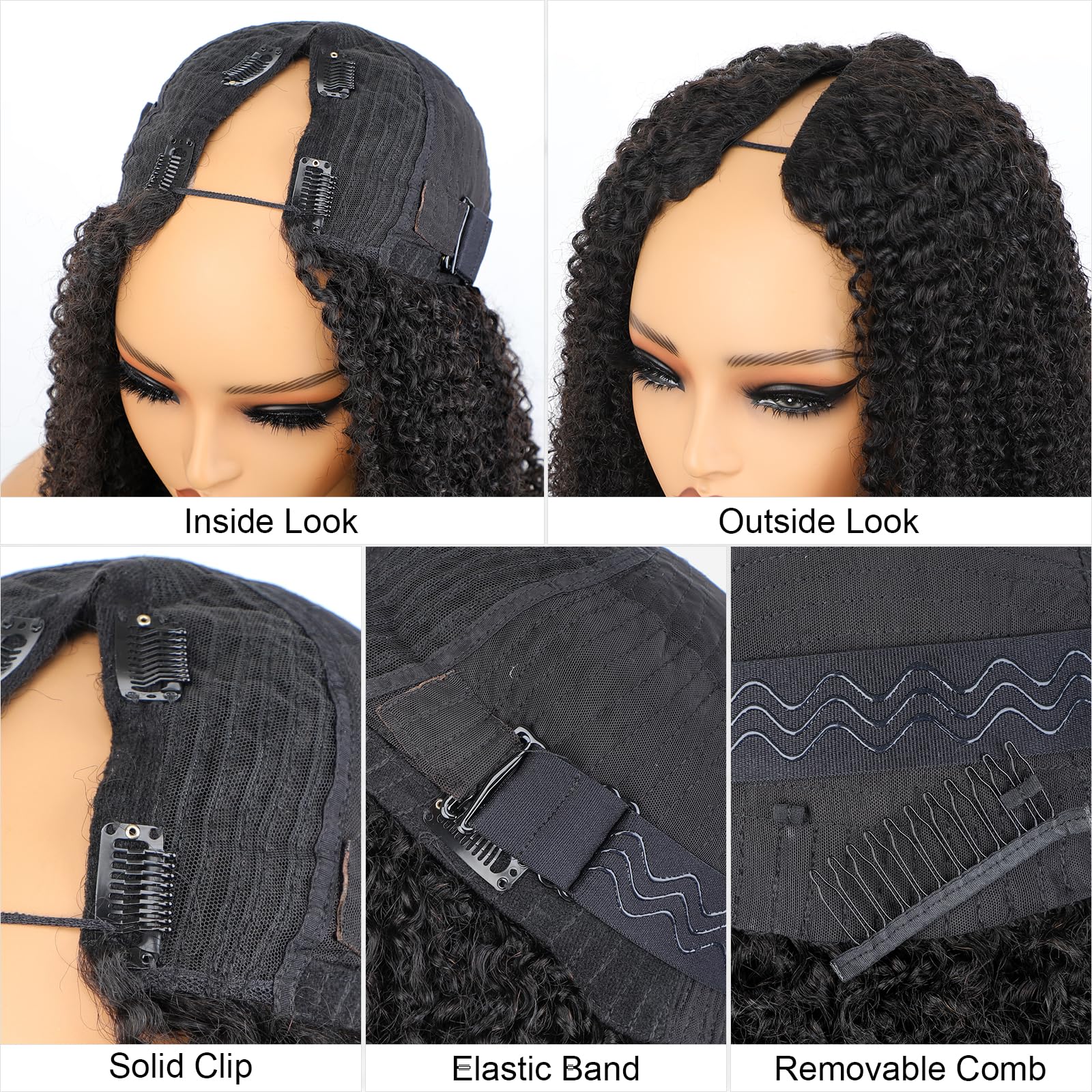 ISEE V Part Human Hair Afro Curly Glueless Clip-In Half Wig for Black Women - 180% Density Kinky Curly Thin Part U Part Wig 16 Inch Natural Color | Perfect for Daily Wear, Special Occasions & Protective Styling