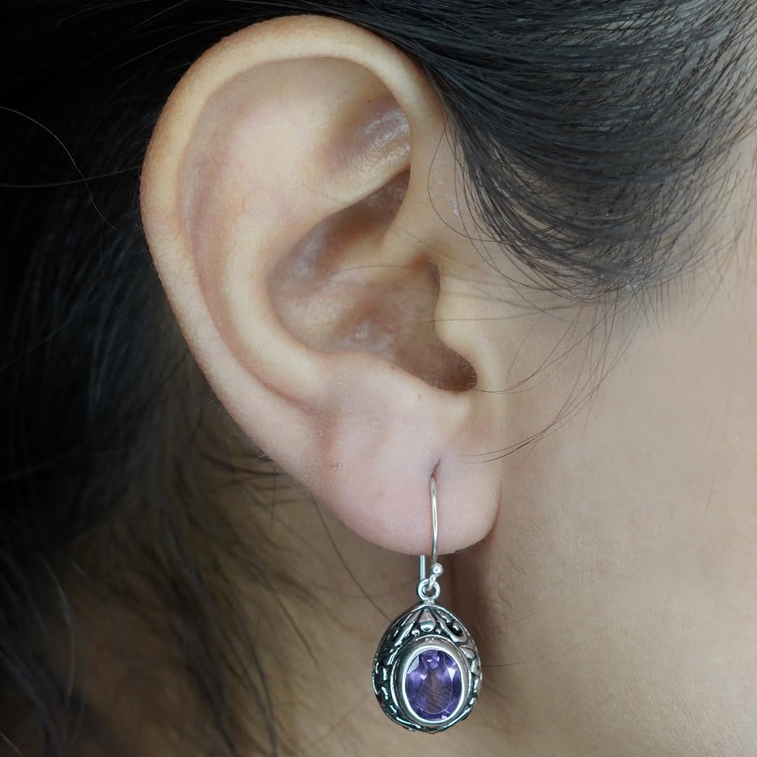 Handmade 925 Sterling Silver Purple Amethyst Gemstone Filigree Drop Dangle Earrings for Women | Unique Tribal Fashion Jewelry | Perfect for Boho Chic, Wedding & Special Occasions