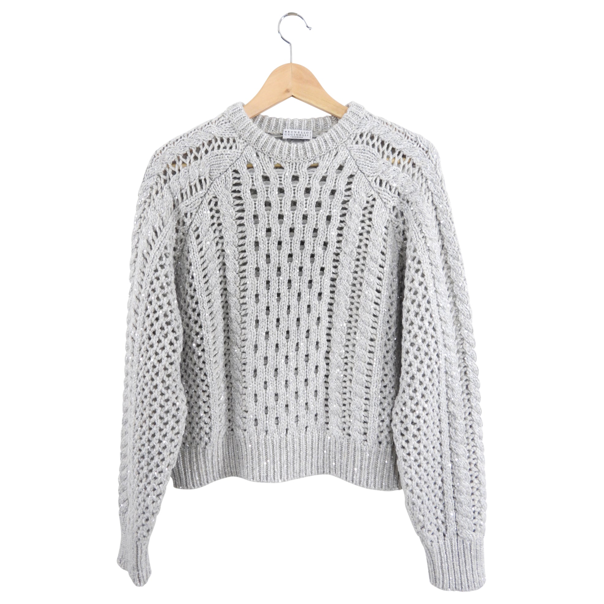 Brunello Cucinelli Grey Shimmer Cable Knit Sweater for Women - Size S (4/6) - Soft Cashmere Blend Winter Pullover for Office & Holiday Parties