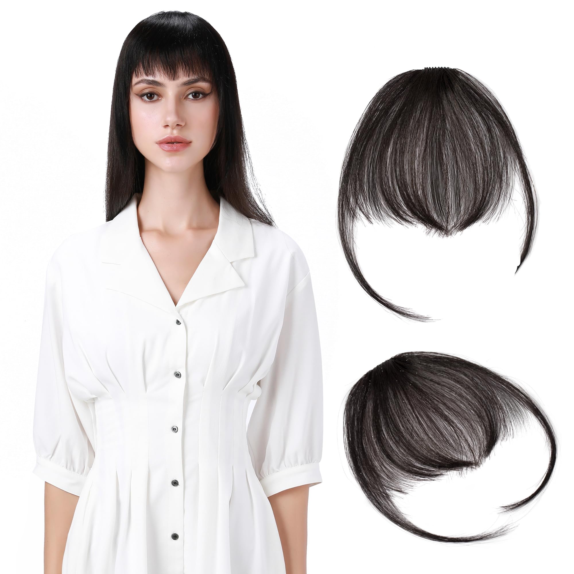 Clip in Bangs Human Hair Extensions - Thin Air Bangs with Temples, 1-Piece Clip on Hairpiece, Soft Remy Hair for Women (Natural Black) - Perfect for Daily Wear, Cosplay & Hairstyle Transformations