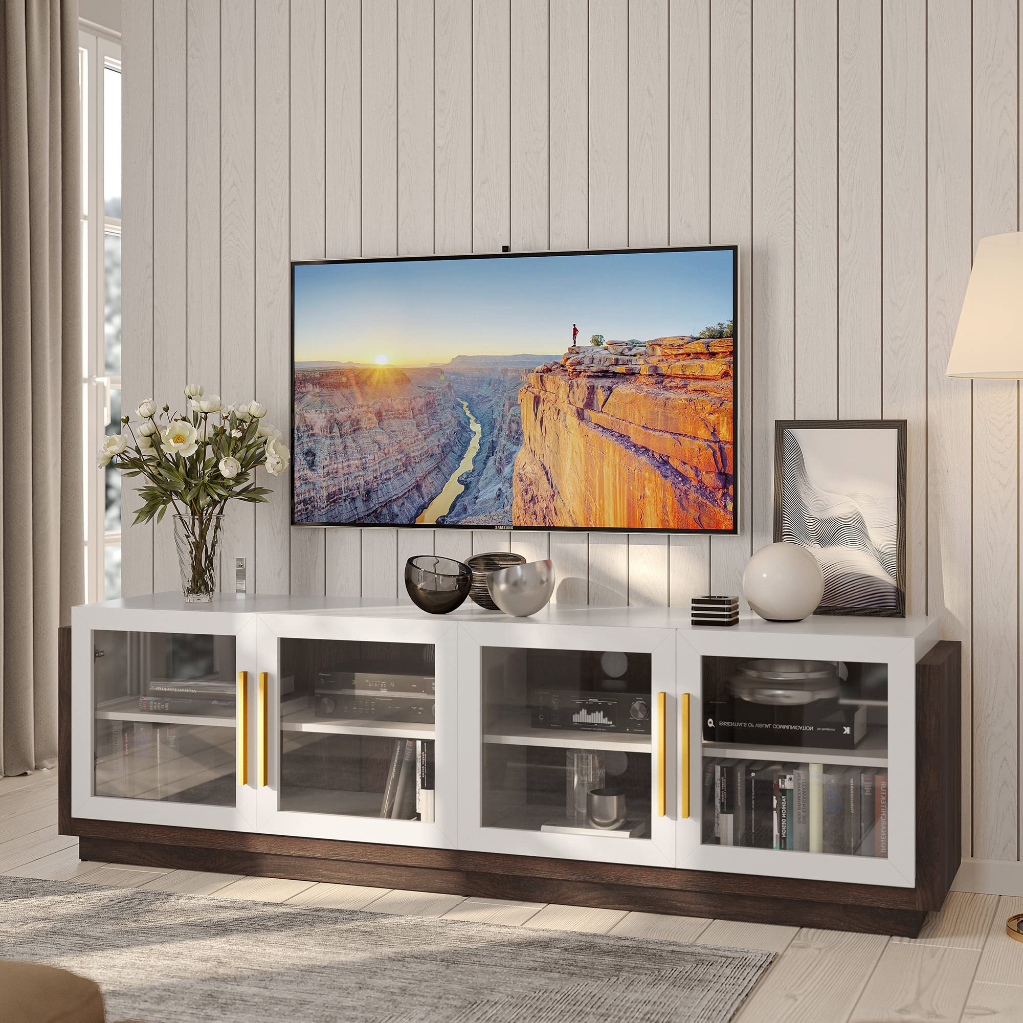 BELLEZE 70 Inch TV Stand for 75 Inch TVs - Modern Wood Entertainment Center with Storage Shelves, Media Console Cabinet for Living Room & Bedroom - White Brixston Style | Perfect for Home Theater Setup & Living Room Organization