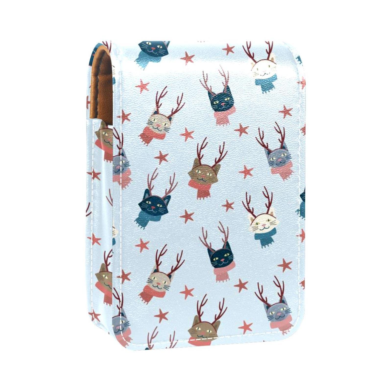 Portable Lipstick Organizer Case with Mirror - Christmas Cats Pattern Makeup Bag for Women, Travel Lip Gloss Holder & Mini Lipstick Storage Box | Perfect for Travel, Daily Use & Gift Giving