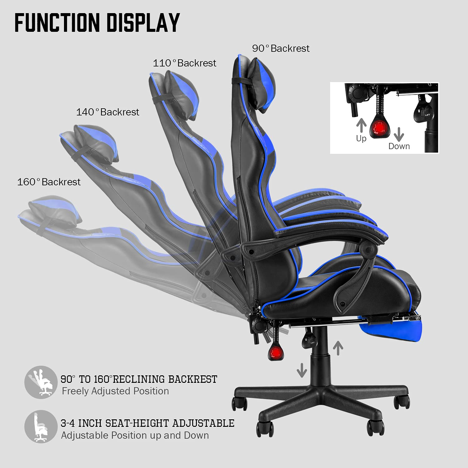 Soontrans Ergonomic Gaming Chair with Adjustable Headrest & Lumbar Support - Blue Computer Game Chair for PC, E-Sports with Retractable Footrest - Perfect for Home Office, Streaming & Pro Gaming Sessions (Storm Blue)
