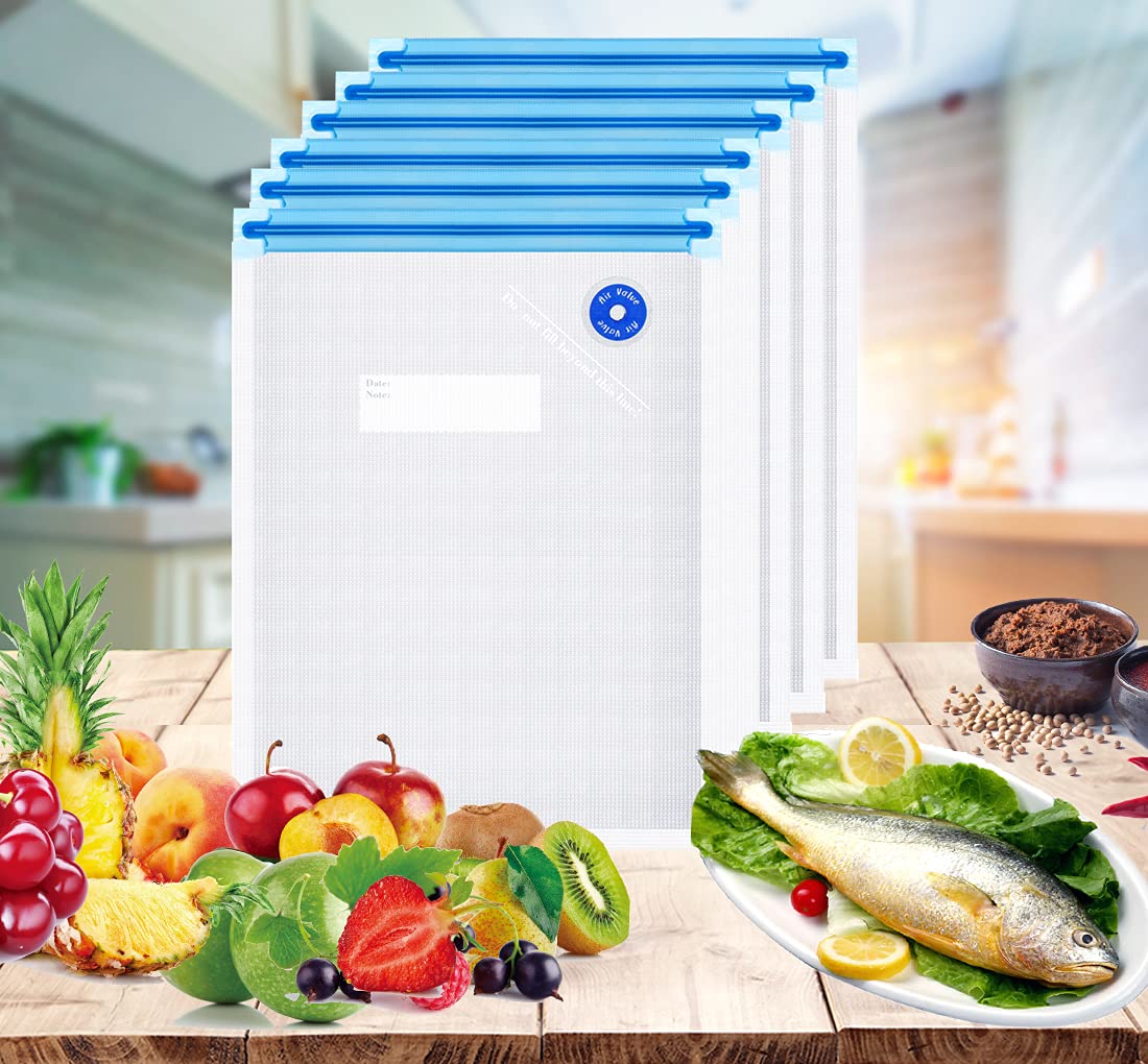 Reusable Sous Vide Bags 27Pcs - BPA Free Vacuum Sealer Bags for Food Storage, Cooking & Meal Prep - Includes 20 Vacuum Bags, 5 Air Valves & 2 Seal Clips (13.5x10 in, 4.3L) - Perfect for Sous Vide Cooking, Freezing, Marinating & Preserving Freshness