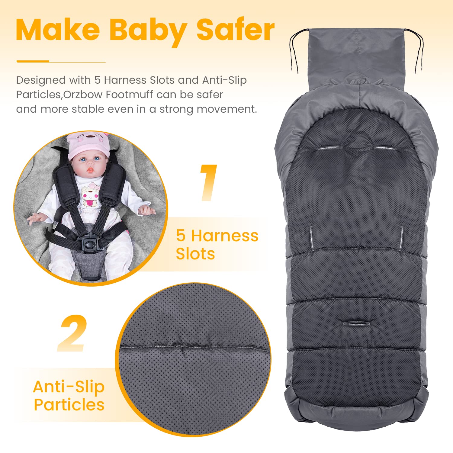 Orzbow Universal Warm Bunting Bag - Waterproof Stroller Sleeping Bag for Toddlers in Cold Weather (Grey) | Perfect for Winter Walks, Outdoor Adventures & Baby Stroller Protection