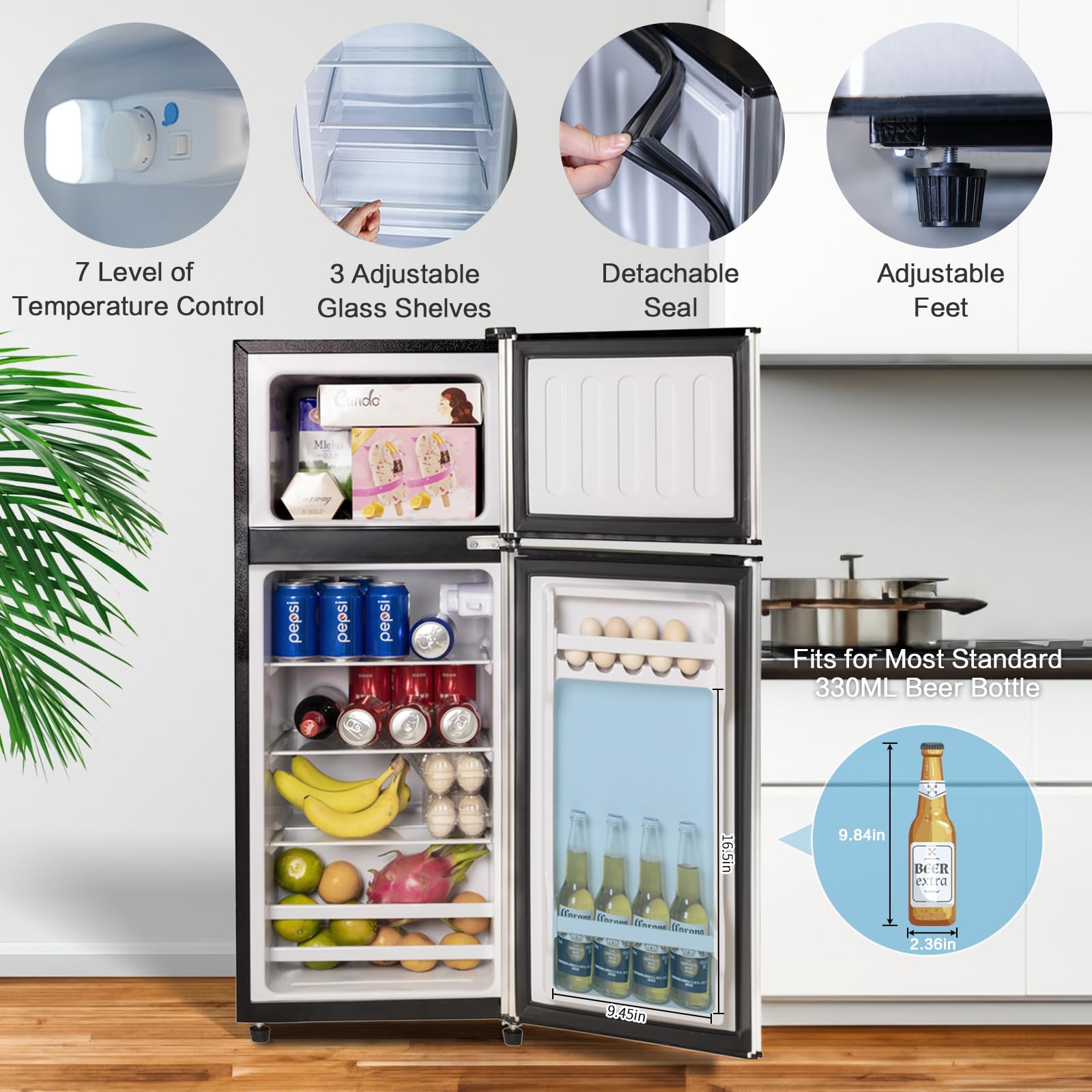 Anukis 3.8 Cu Ft Compact Refrigerator with Freezer - 2 Door Mini Fridge for Small Spaces, Dorm Room, Office, Bedroom, Basement & Garage - Energy Efficient Silver Appliance - Perfect for Beverages, Snacks & Meal Prep Storage