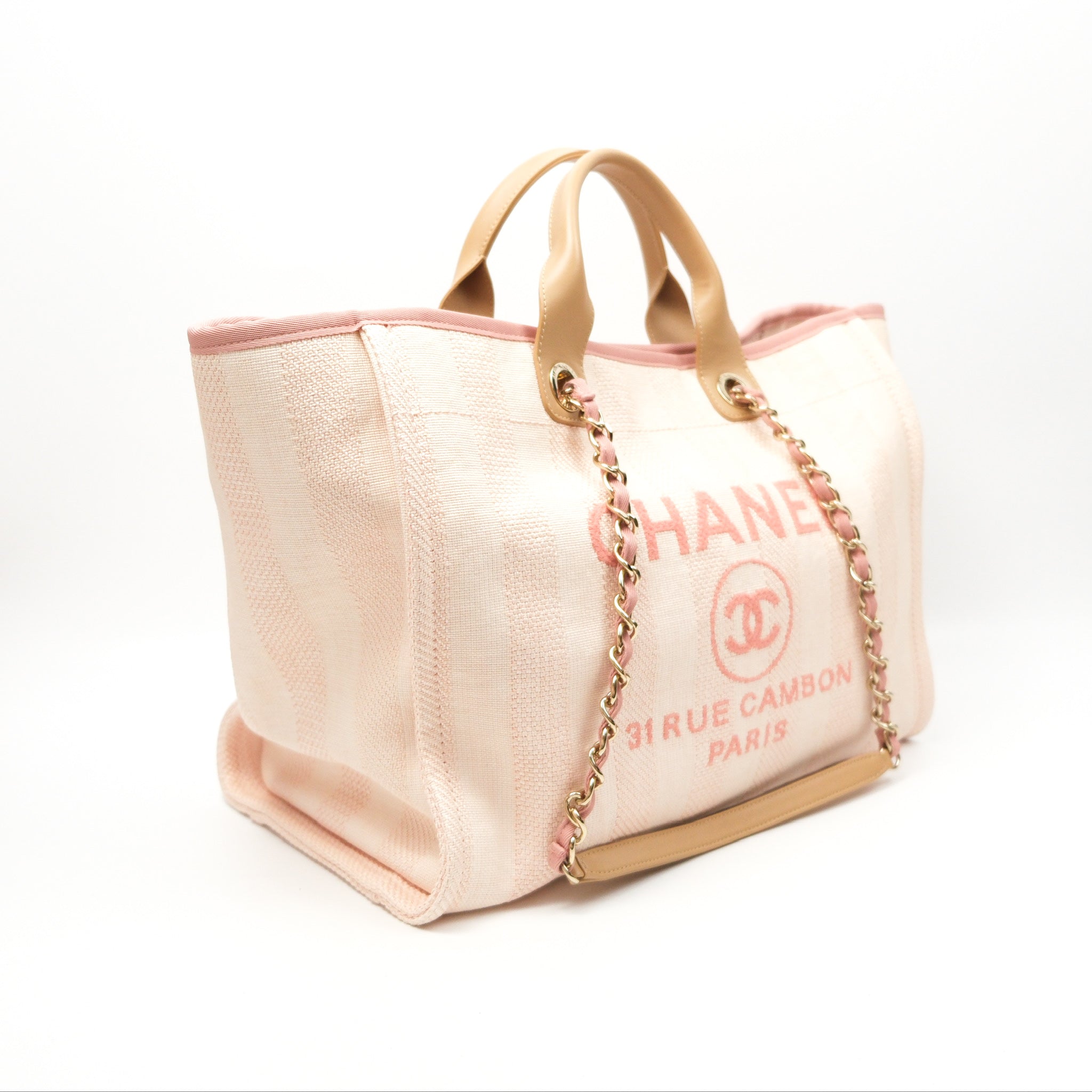 Chanel Canvas Large Deauville Tote Bag Light Pink Stripe - Luxury Designer Handbag for Women, Perfect for Travel, Shopping & Everyday Use