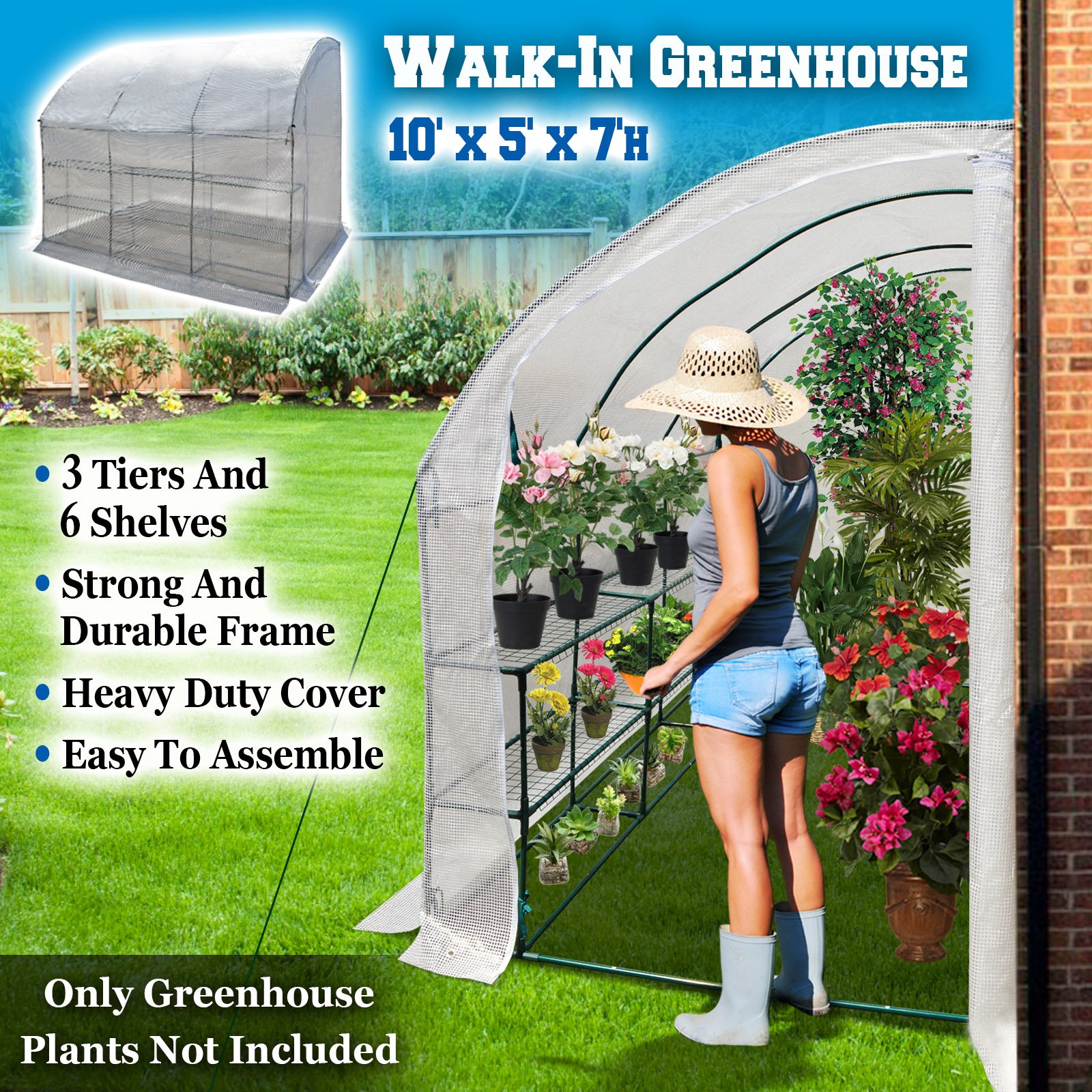 BenefitUSA 10x5x7ft Large Walk-in Wall Greenhouse with 3 Tiers & 6 Shelves for Indoor/Outdoor Gardening (White) - Perfect for Backyard, Patio, Balcony & Urban Farming
