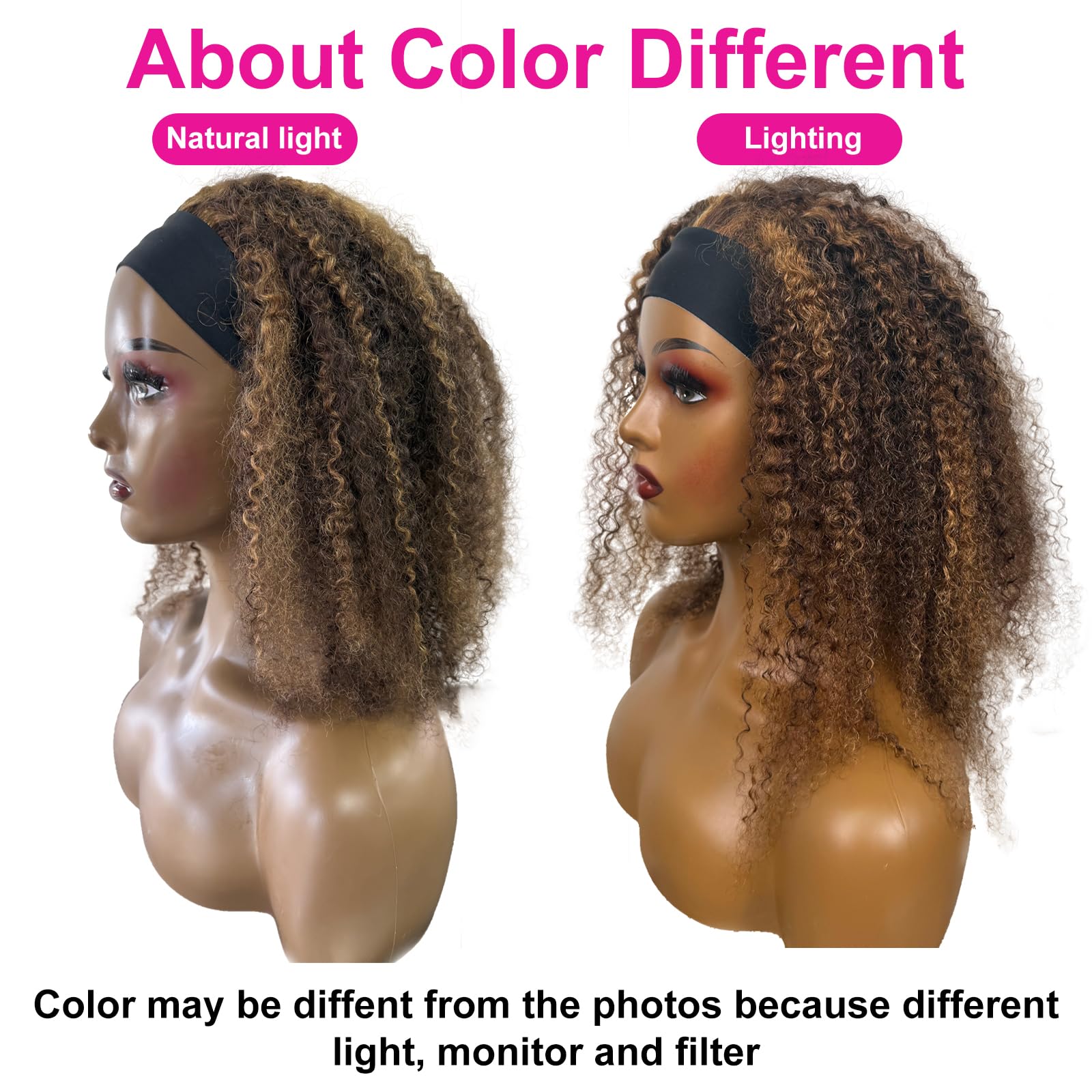 Ombre Highlight Headband Wig Human Hair #4/27 Colored Kinky Curly Glueless Lace-Free Wig for Black Women - Brazilian Virgin Hair 150% Density 26 Inch - Perfect for Daily Wear, Parties & Protective Styling