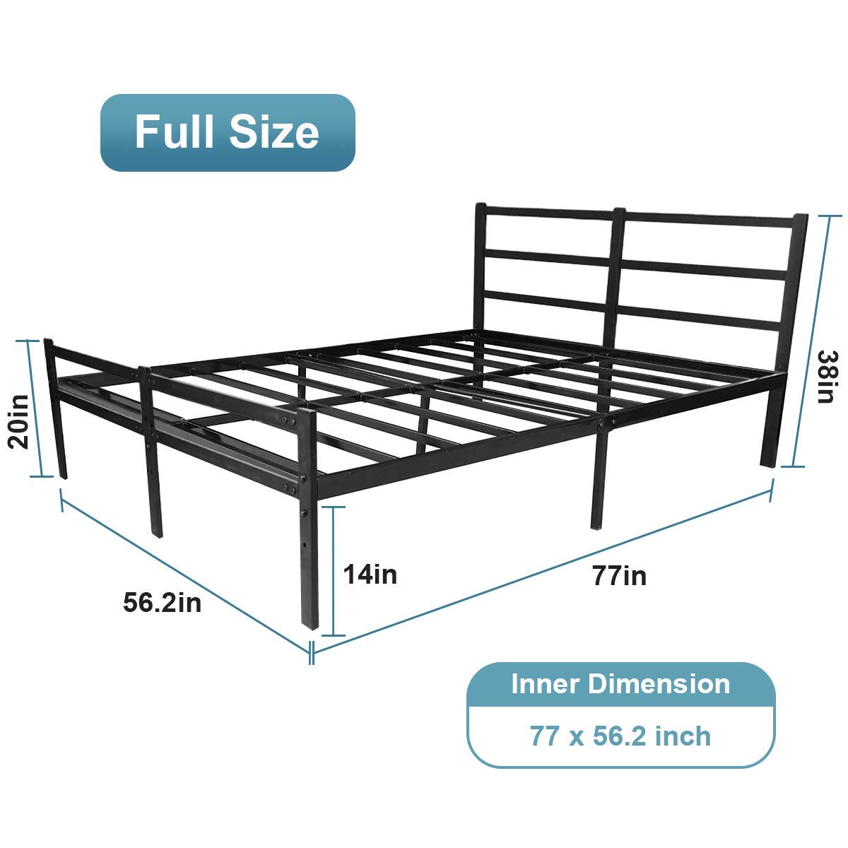 AKSG Full Size Bed Frame with Headboard - 14 Inch Sturdy Metal Platform Bed Frame, No Box Spring Needed, Heavy Duty Steel Slats & Underbed Storage Space - Perfect for Small Bedrooms, Guest Rooms & Dormitories