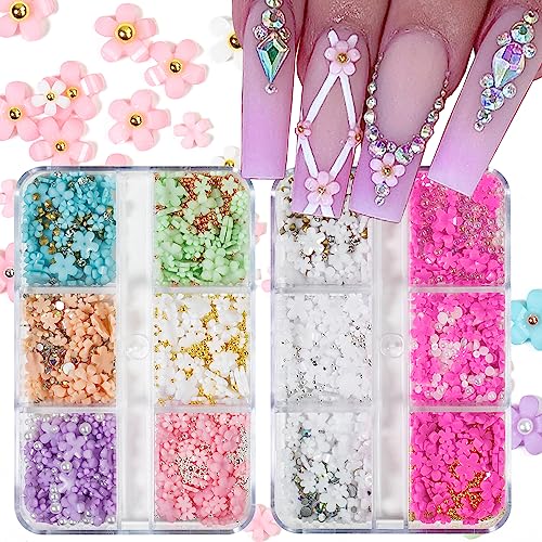 3D Flowers Nail Art Charms - AB Flat Rhinestones Mix with Colorful Gems for DIY Nail Design | Perfect for Wedding, Party, Salon & Home Manicure Decoration