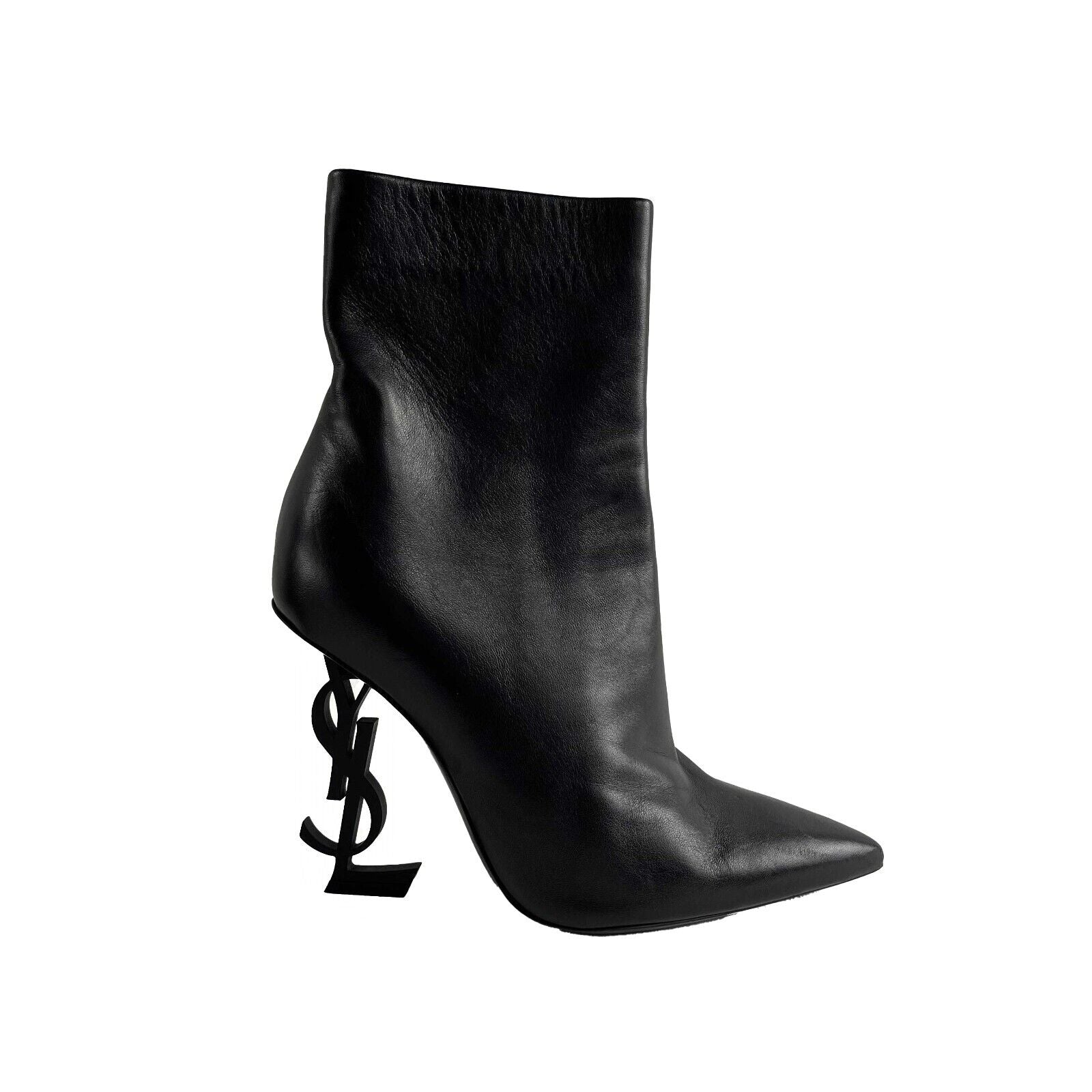 Saint Laurent Opyum YSL Logo Heel Black Leather Pointed Ankle Boots Size 35.5 (US 5) - Luxury High Heels for Women, Perfect for Evening Parties & Formal Events