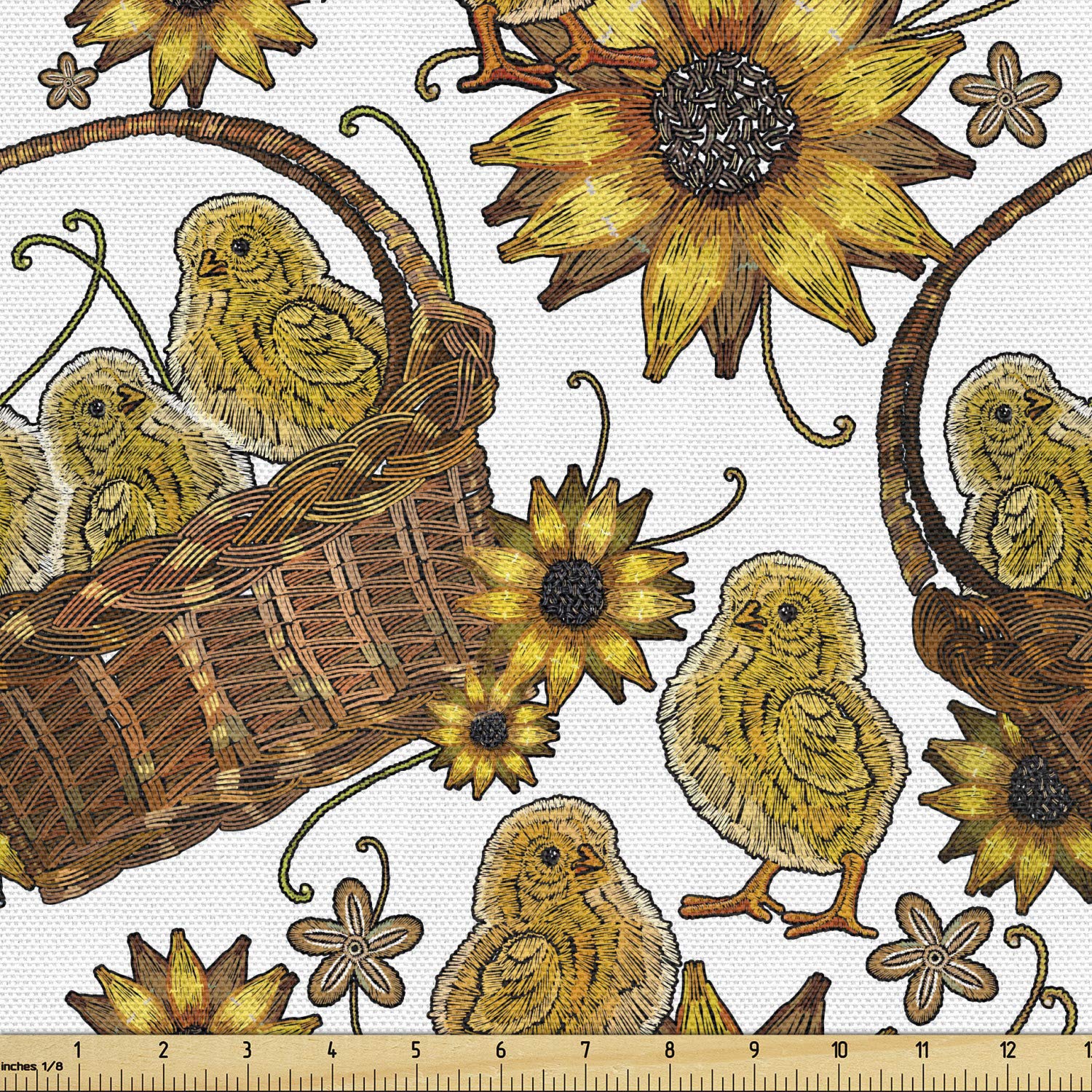 Ambesonne Yellow Bird Fabric by The Yard - Vintage Style Sketch of Little Chickens in Baskets with Flowers - Decorative Upholstery Fabric for Sofa, Chair & Home Decor - 3 Yards Green Brown - Perfect for DIY Projects, Farmhouse Decor & Nursery Accents