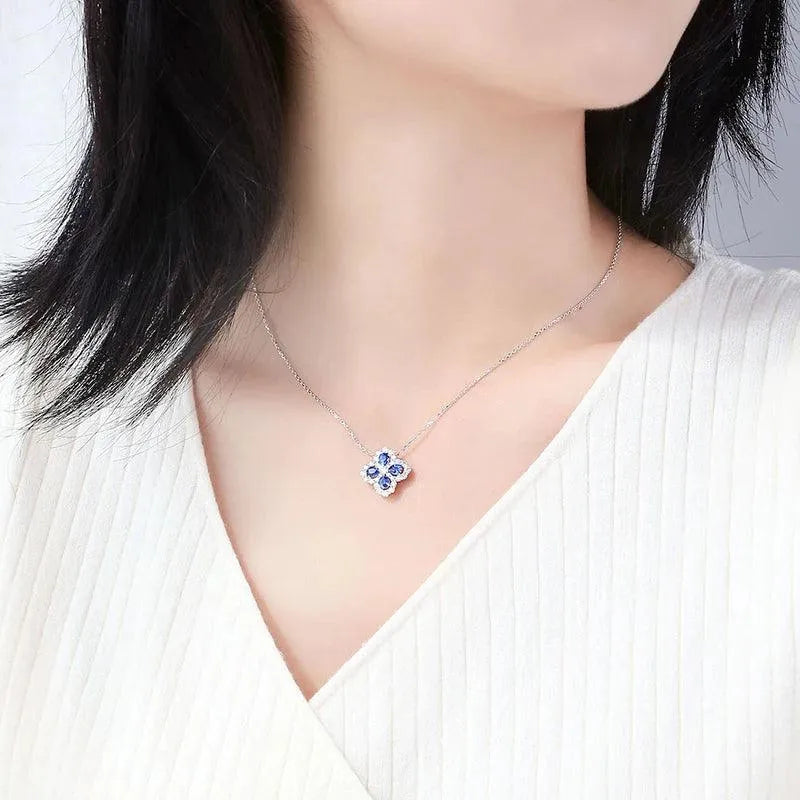 14K White Gold Natural Ruby & Sapphire Four Leaf Clover Diamond Pendant Necklace - Elegant Jewelry Gift for Wedding, Anniversary & Special Occasions | Perfect for Romantic Gifts, Bridal Jewelry & Everyday Luxury Wear