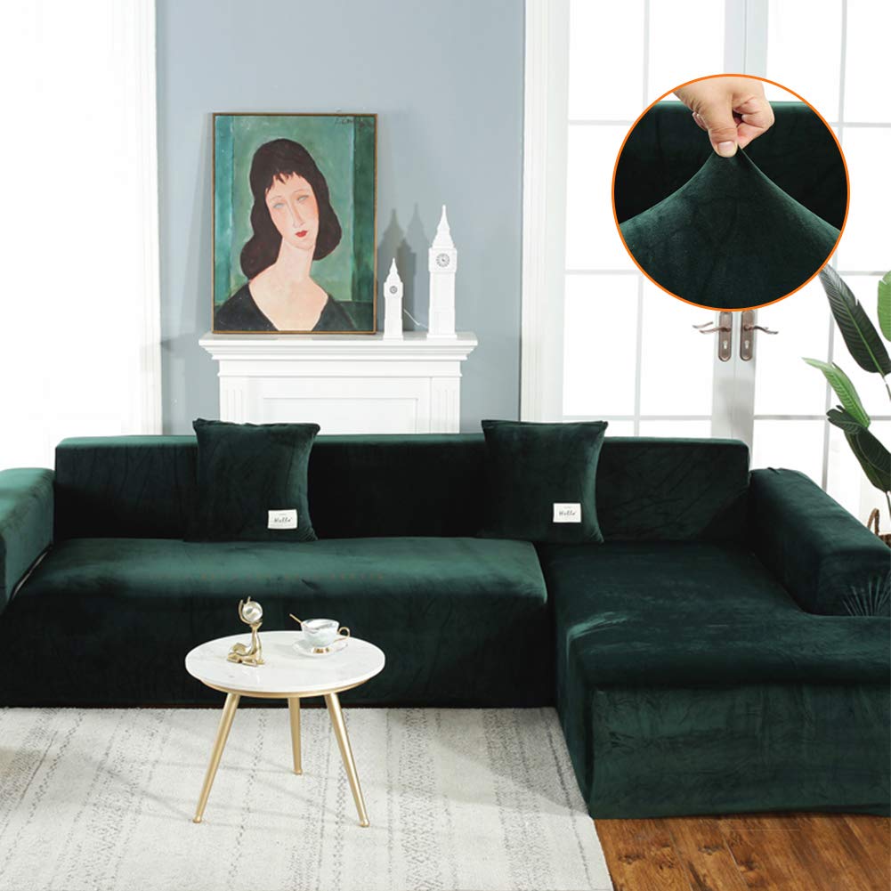 SKRCOOL Luxe Stretch Velvet L-Shaped Sectional Sofa Cover - 2-Piece Anti-Slip Couch Slipcover with Straps, Dark Green (Fits 3+4 Seaters) | Perfect for Living Room, Home Theater & Office Decor