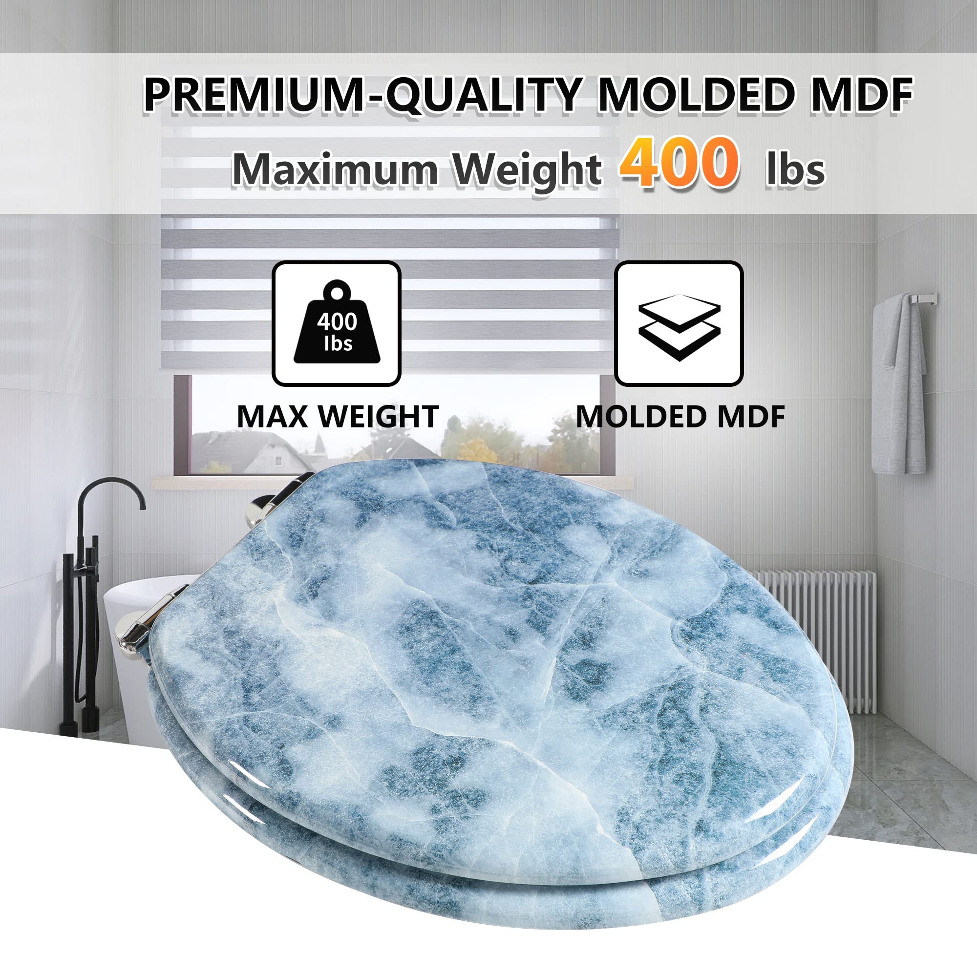 Angol Shiold Elongated Toilet Seat - Molded Wood with Soft Close Hinges, Quick Release & Easy Installation, Blue Marble Design - Perfect for Bathroom, Guest Room & Modern Home Decor