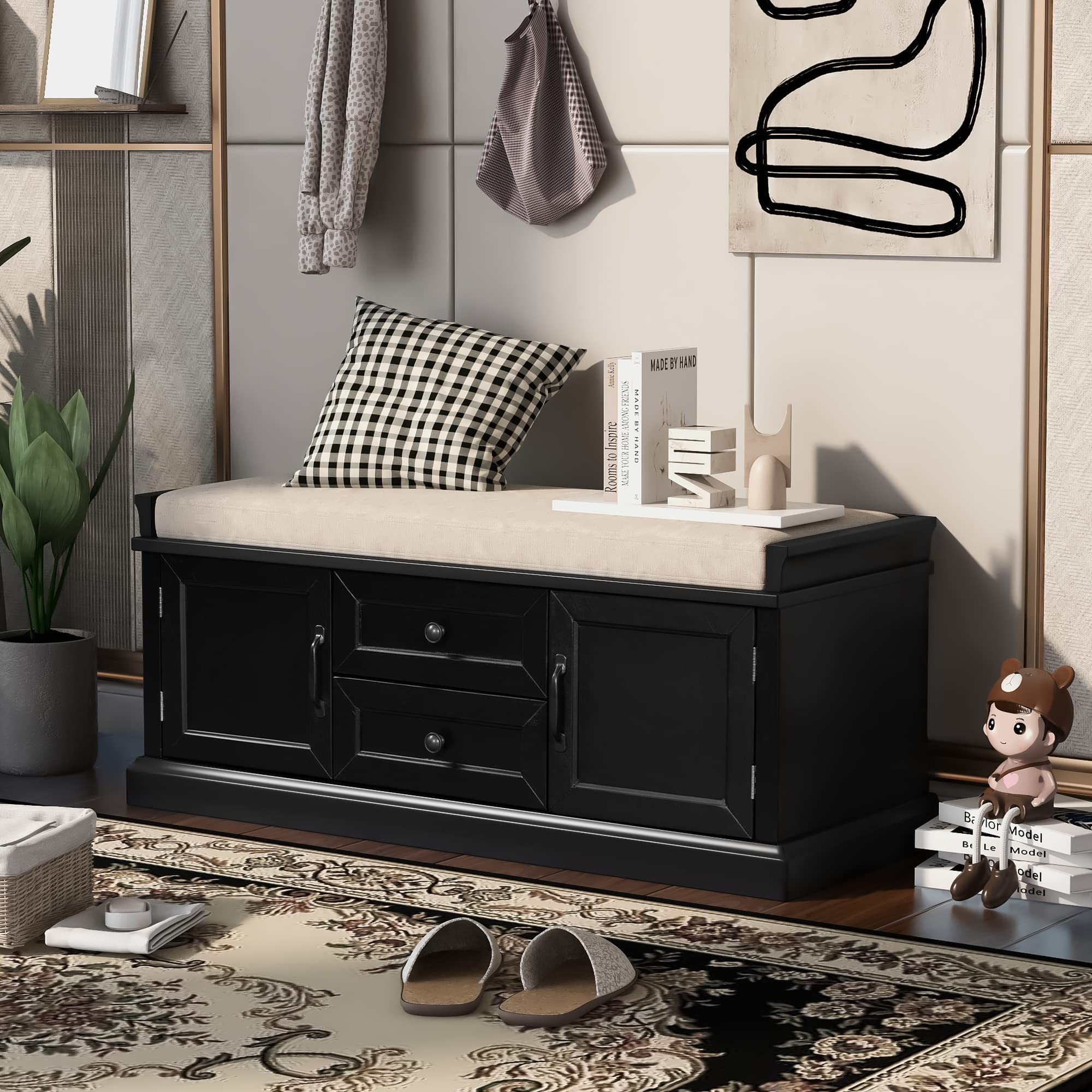 Danxee Wooden Shoe Storage Bench with Cushion - 2 Drawers & Cabinets for Entryway (Black) - Perfect for Hallway Organization
