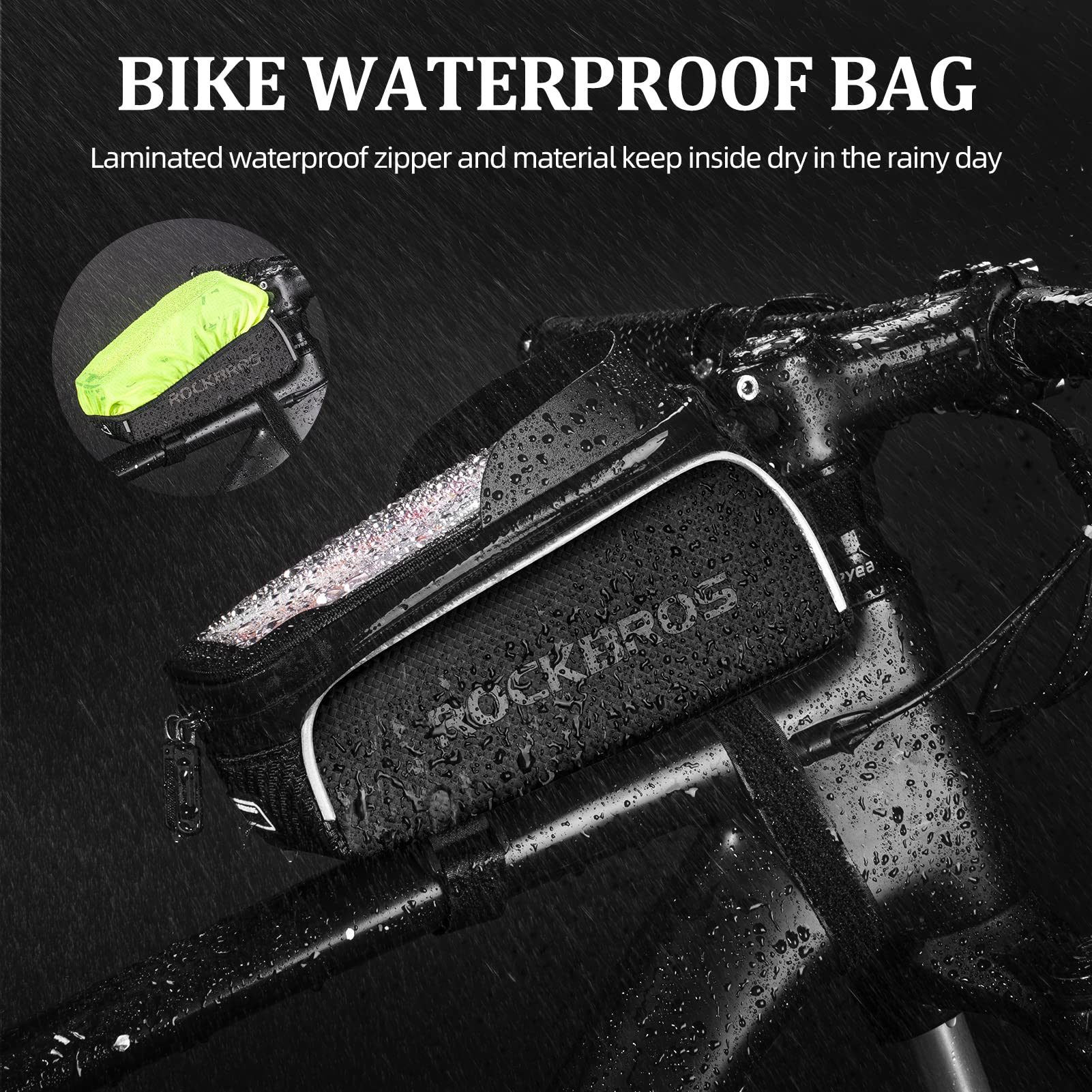 ROCKBROS Waterproof Bike Phone Frame Bag - Front Bicycle Storage Pouch with Built-in Headlight for Cycling, Commuting & Outdoor Adventures