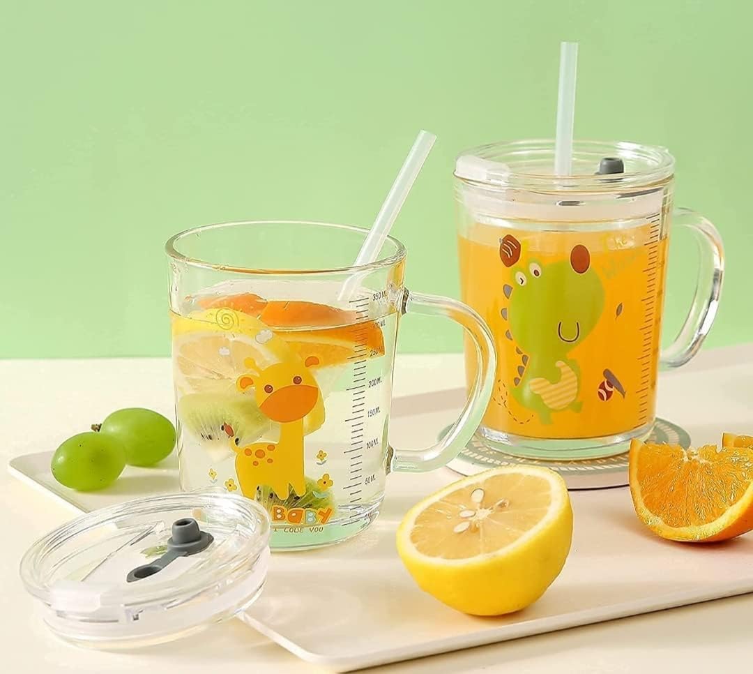 PrimeWorld 350ml Cartoon Printed Baby Sipper Mug with Straw & Lid - BPA-Free Milk, Juice, Water, Shakes Measuring Cup for Kids & Toddlers - Perfect for Home, School, Travel & Outdoor Activities