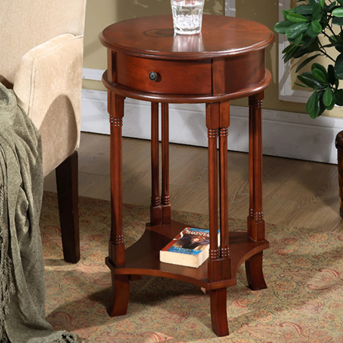 Round Accent Table with Cherry Finish - Solid Wood Side Table by All Things Cedar - Perfect for Living Room, Bedroom, or Entryway Decor