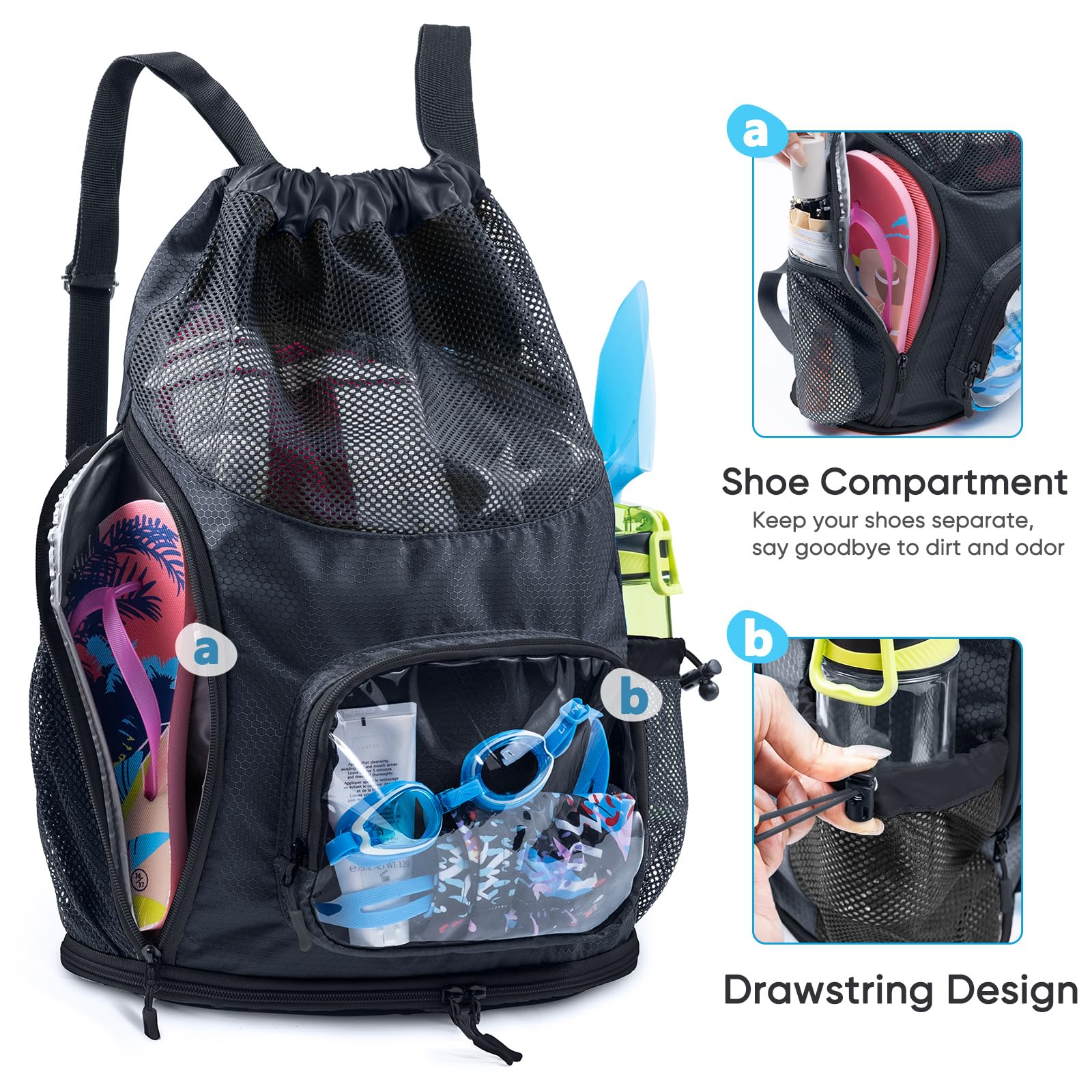 **Sandproof Drawstring Backpack - Breathable Mesh Beach Bag with Shoe Compartment & Toiletry Pockets - Water-Resistant Swim Bag for Pool, Beach, Summer Camp - Perfect for Travel, Gym & Outdoor Activities**