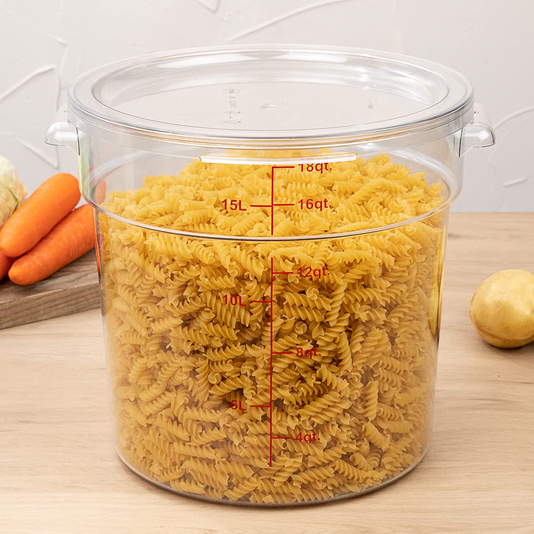 Restaurantware Met Lux 18 Quart (17 Liter) Clear Plastic Food Storage Containers - Set of 10 Round Commercial Food Prep Buckets with Volume Markers, Lids Sold Separately - Ideal for Restaurant Kitchen, Catering, Bulk Food Storage & Space-Saving Organization