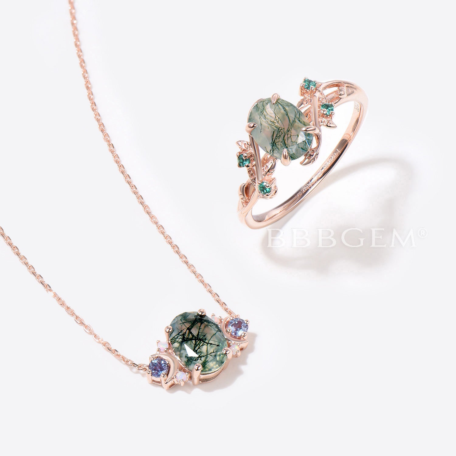 Natural Moss Agate Necklace and Ring Jewelry Set - Celestial Moon Oval Green Moss Agate Pendant with Leaf Aquatic Agate Ring - Nature Inspired Gemstone Jewelry for Women - Perfect for Boho, Wedding & Everyday Wear