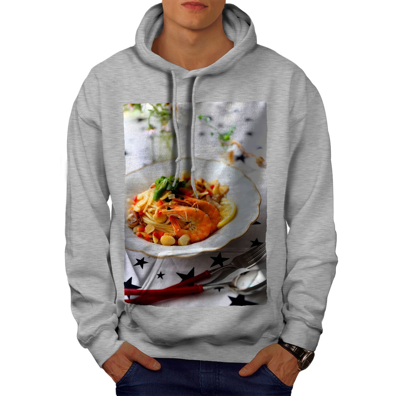 Wellcoda Seafood Restaurant Themed Men's Hoodie - Comfortable & Stylish Foodie Hooded Sweatshirt for Casual Wear, Cooking Enthusiasts & Seafood Lovers