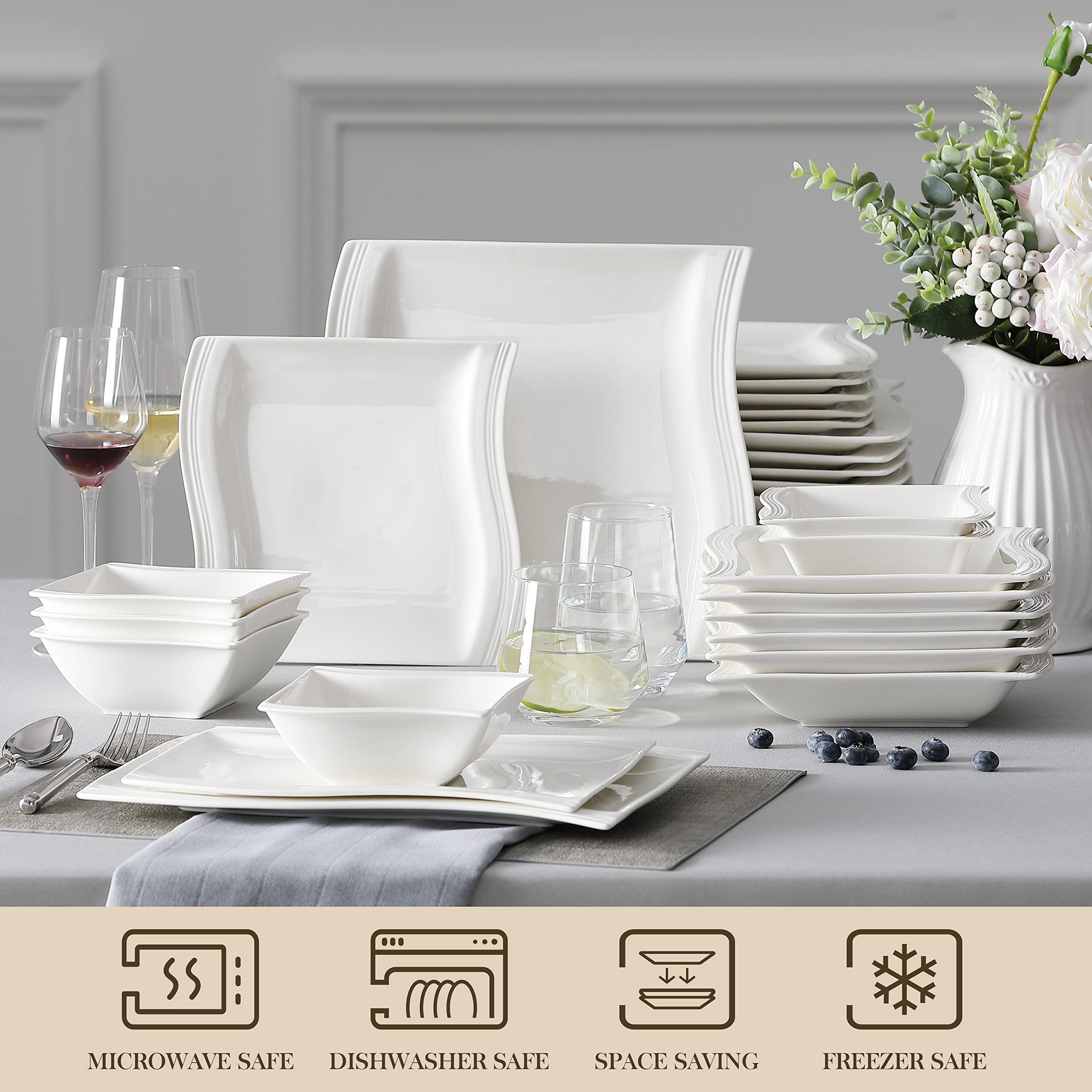 MALACASA 26-Piece Ivory White Porcelain Dinnerware Set - Square Plates, Bowls & Serving Platters for 6, Modern Flora Series Dish Set - Perfect for Family Dinners, Parties & Restaurant Use