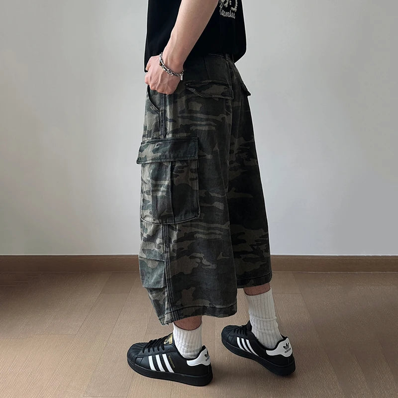 Men's American Style Denim Shorts with Large Pockets - Camouflage Workwear Trousers, Straight Leg Casual Jeans for Men (9C6708) | Perfect for Outdoor Work, Hiking & Summer Streetwear