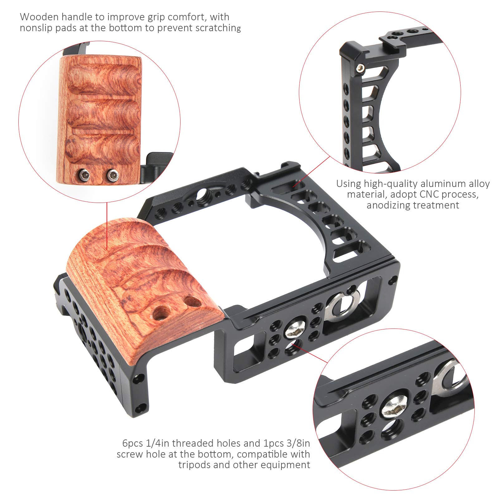 Professional Vlog Camera Cage for Sony A7C - Video Stabilizer Shooting Cage Kit with Ergonomic Wooden Handle Grip, 1/4in & 3/8in Screw Holes, Cold Shoe Mount - Perfect for YouTube Vlogging, Travel Filming & Content Creation