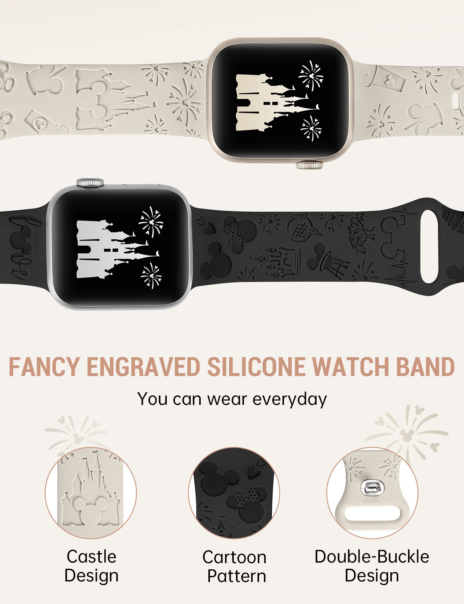 Girovo 2-Pack Cute Anime Cartoon Engraved Soft Silicone Bracelet Strap Compatible with Apple Watch 40mm 38mm 41mm 42mm for Women - iWatch Band for Series 10/9/8/7/6/5/4/3/2/1/SE/SE2 (Starlight/Black) - Perfect for Daily Wear, Workouts & Fashion Accessories
