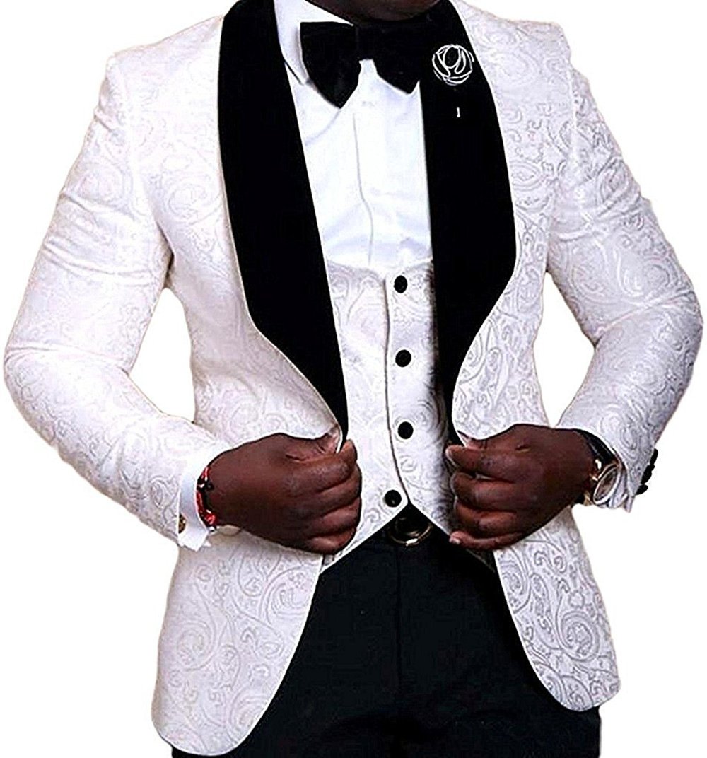 Men's Slim Fit Floral Weave 1-Button Tuxedo Suit 3-Piece Set - Wedding Groomsmen Formal Attire | Perfect for Prom, Parties, Special Occasions & Evening Events | Elegant Dinner, Cocktail Reception, Black Tie Gala