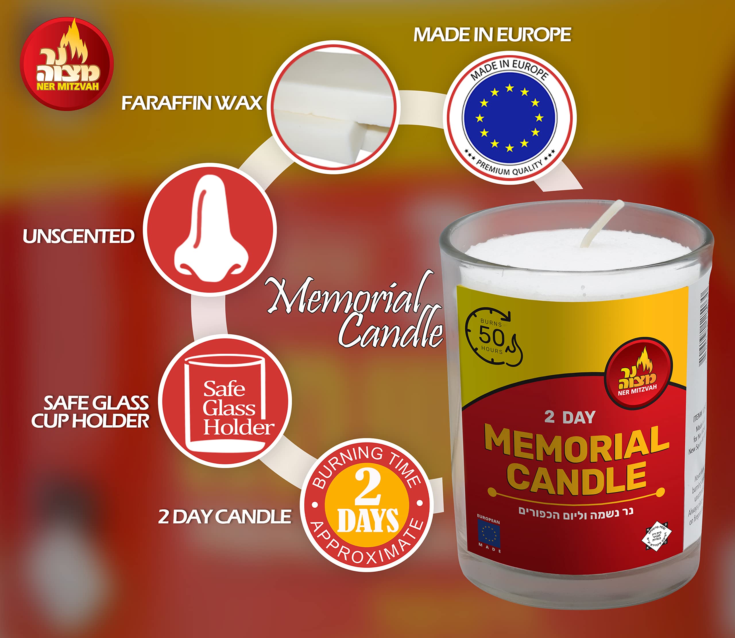 48-Hour Yahrzeit Memorial Candles - 2 Day Jewish Candle for Yom Kippur & Remembrance - Glass Tumbler Candle Set (1 Pack) - Perfect for Synagogue, Home Memorials & Religious Ceremonies