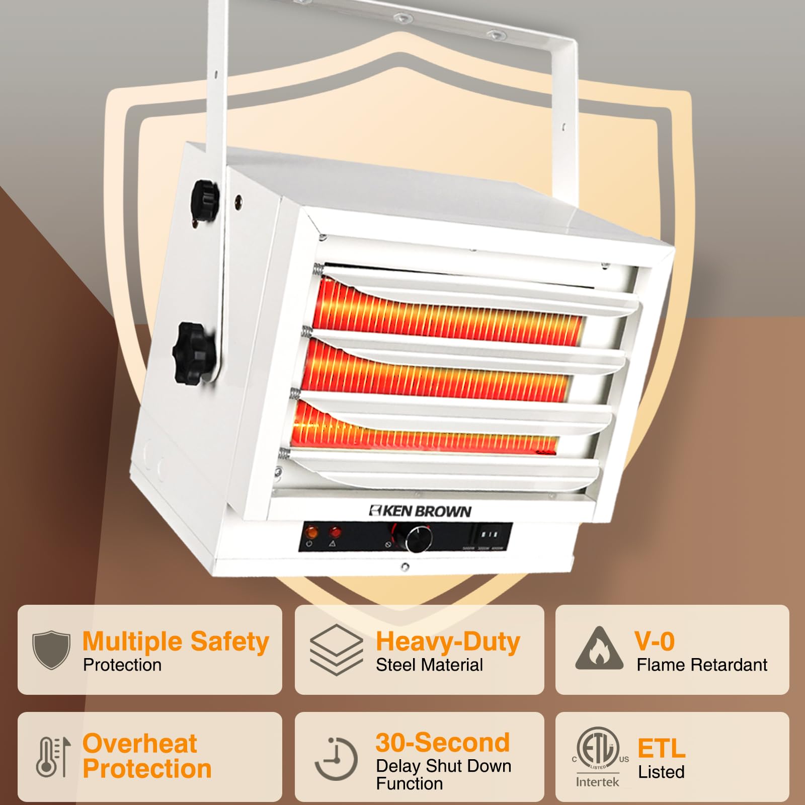 KEN BROWN 3000W/4000W/5000W Electric Garage Heater - 240V Hardwired Ceiling Mount Shop Heater with Fan Forced Heating, 3 Heat Levels & Thermostat - Perfect for Garage, Workshop, Warehouse, Greenhouse, Basement & Large Spaces